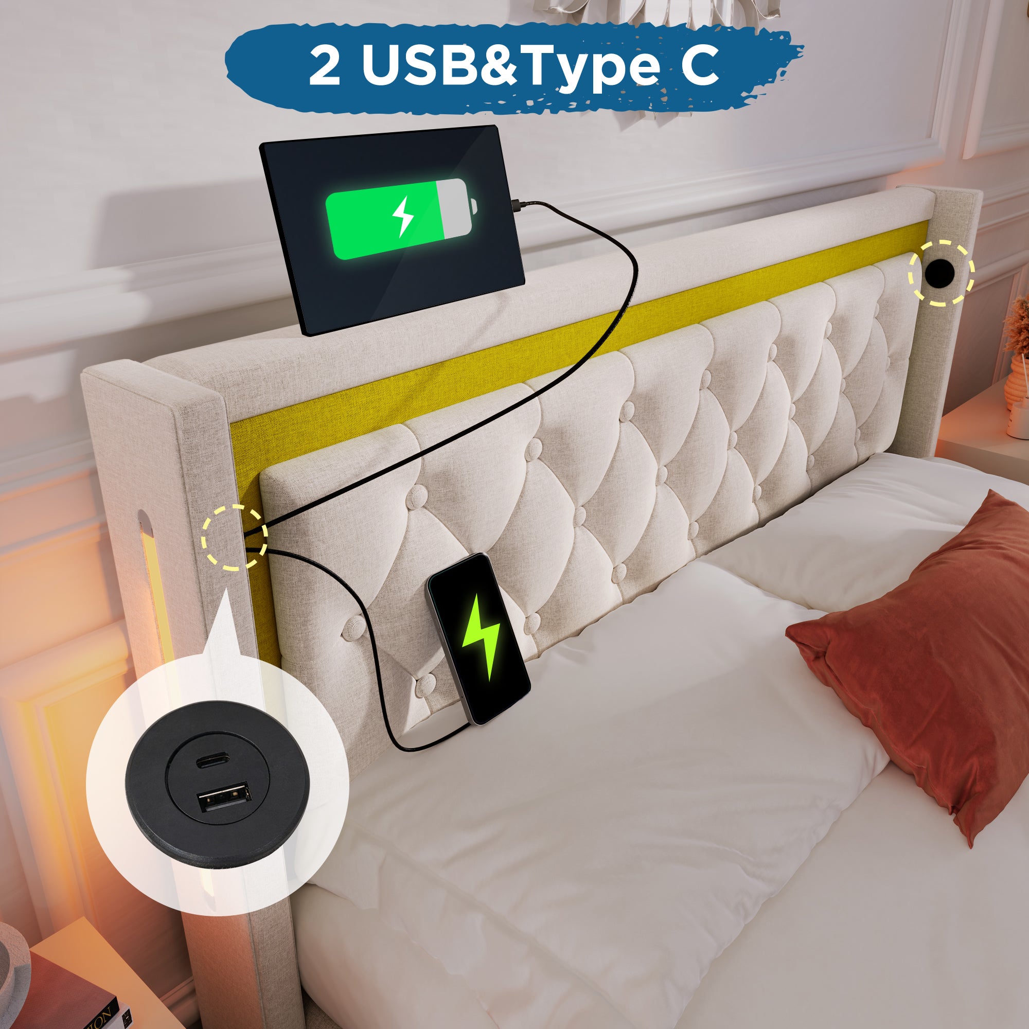 Upholstered Bed LED Double Bed Storage Bed Box With USB Type C Charging Function Headboard,Storage Beds Cotton Bed Frame Youth Bed 160x200 With Slatted Base  Without Mattress