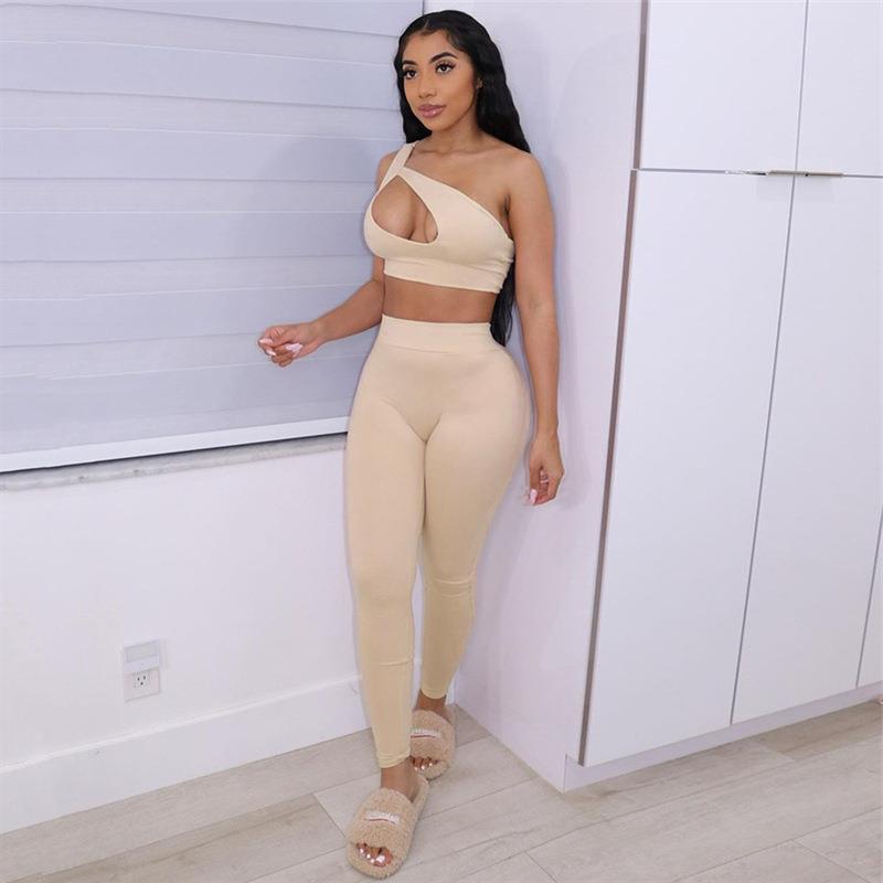 Sloping Shoulder Bodysuit High Waist Track Pants Set