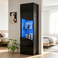 35X50X165cm Living Room Display Cabinet,High Gloss Display Cabinet  Cabinet Doors , Tall Cabinet With Large Storage And LED Lighting.Concave Arc Wave Surface Design,Black
