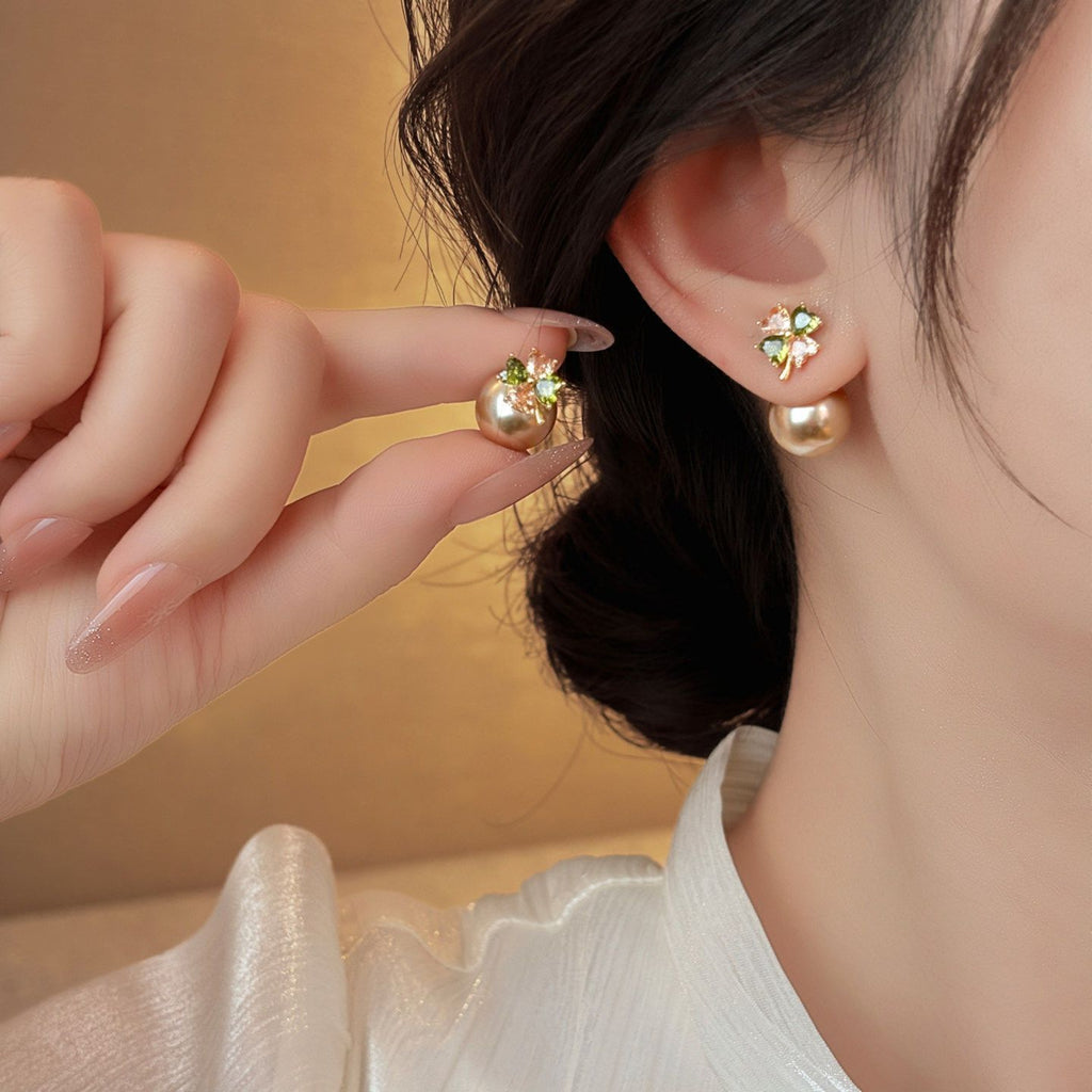 Japanese  Style Pearl Stud Earrings For Women, Four-Leaf Clover Zircon Accent Earrings, Sweet Girly Vitality Dainty Ear Jewelry