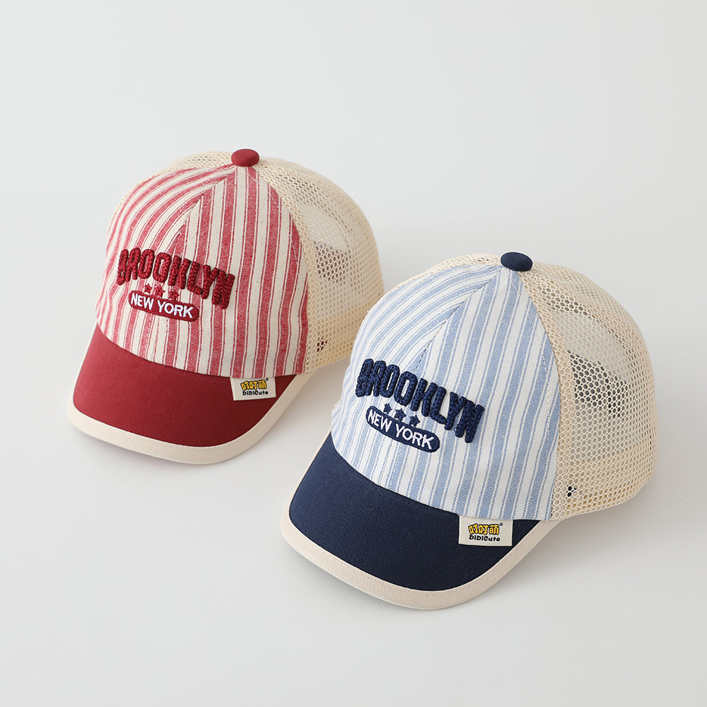 Summer Baby Vertical-striped Mesh Patchwork Embroidered NEW YORK Baseball Cap For Park Playtime On Weekend Picnic