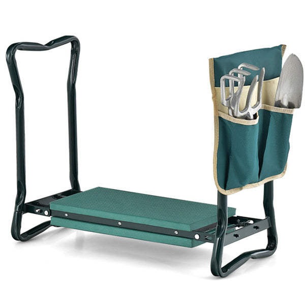 Green 2-in-1 Garden Folding Stool Kneeler, 300LBS Capacity & Built-in Tool Pouch