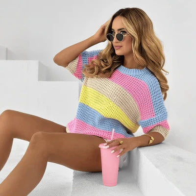 Womens Rainbow-Striped Knitted Short-Sleeve Top
