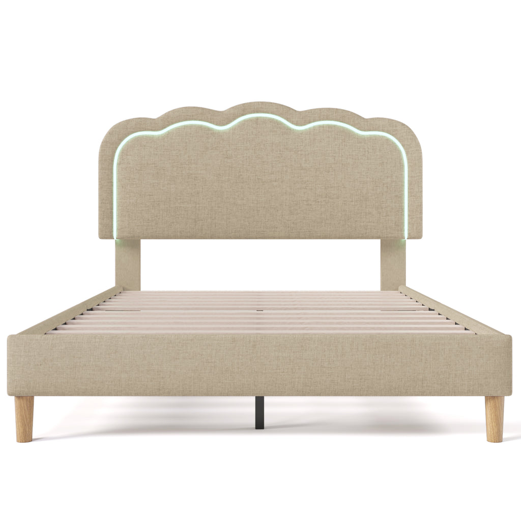 Upholstered Bed LED Double Bed 140 X 200cm, Bed Frame With Slatted Base And Adjustable Headboard, Upholstered Bed In Beige, Bed Frame Youth Bed For Bedroom Guest Room Linen Material