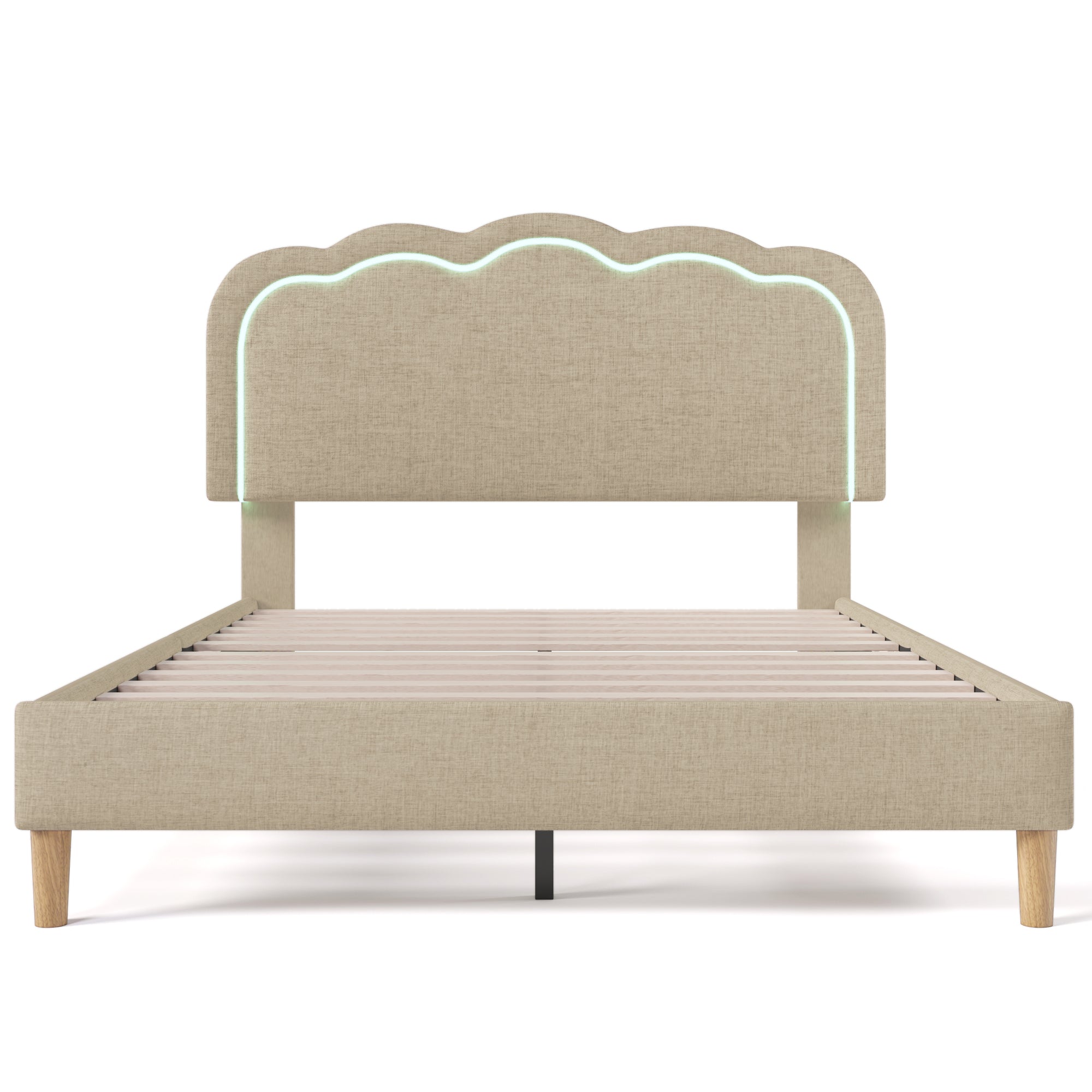 Upholstered Bed LED Double Bed 140 X 200cm, Bed Frame With Slatted Base And Adjustable Headboard, Upholstered Bed In Beige, Bed Frame Youth Bed For Bedroom Guest Room Linen Material