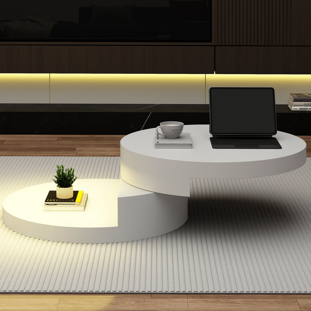 N625P300074W 70x70x35.5cm Coffee Table, Upper Table Top 360dgFreely Rotatable, Swivel Sofa Table With LED Light Strip, Cylindrical Living Room Table Made Of MDF, Loadable Up To 30 Kg, 2-Layer Construc