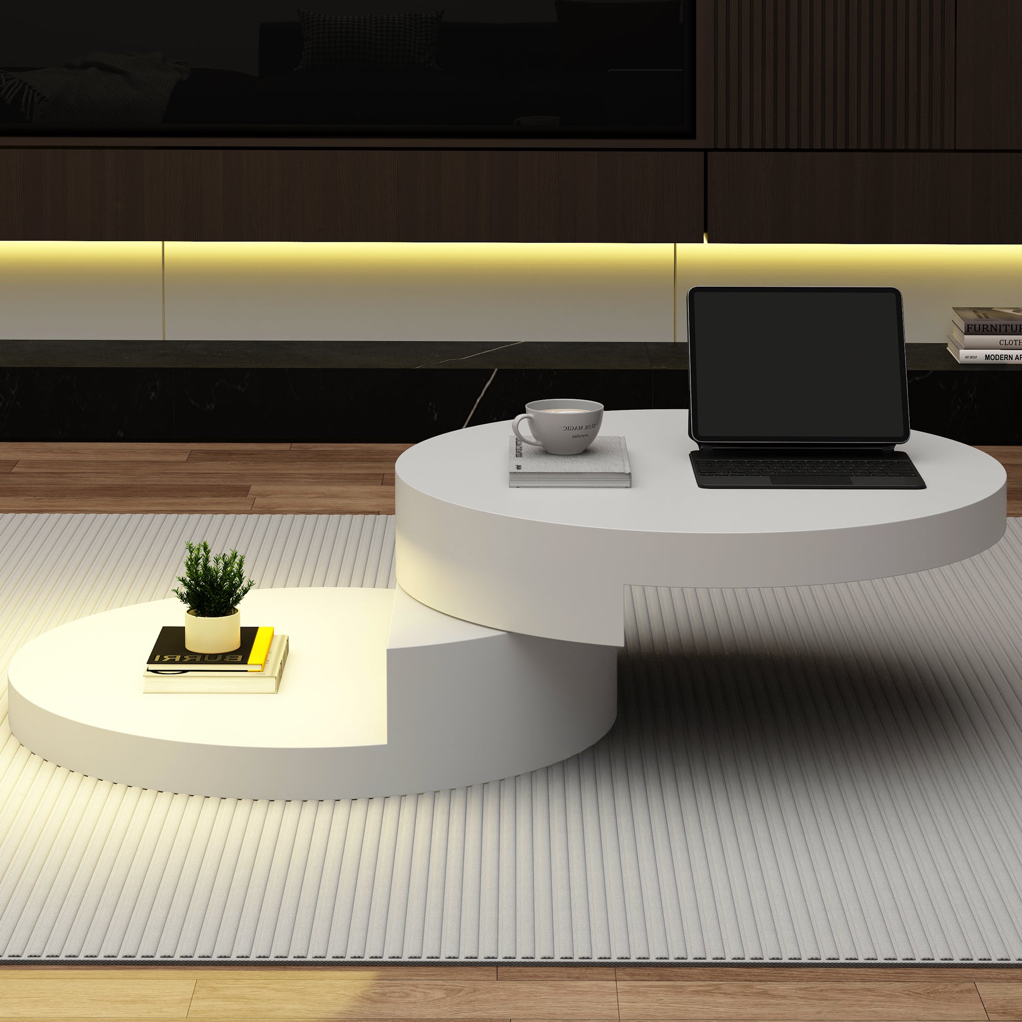 N625P300074W 70x70x35.5cm Coffee Table, Upper Table Top 360dgFreely Rotatable, Swivel Sofa Table With LED Light Strip, Cylindrical Living Room Table Made Of MDF, Loadable Up To 30 Kg, 2-Layer Construc