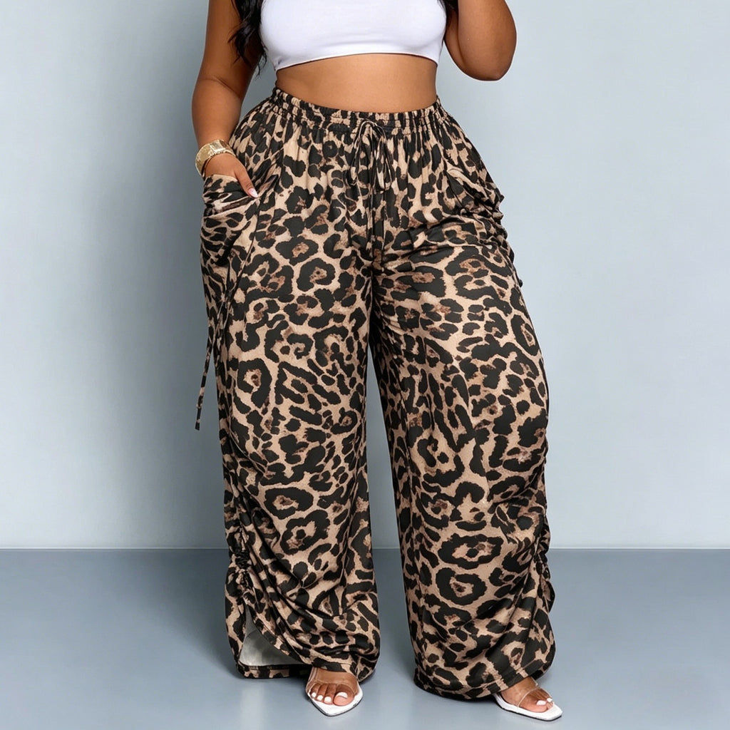 High-waisted Versatile Leopard-print Wide-leg Pants