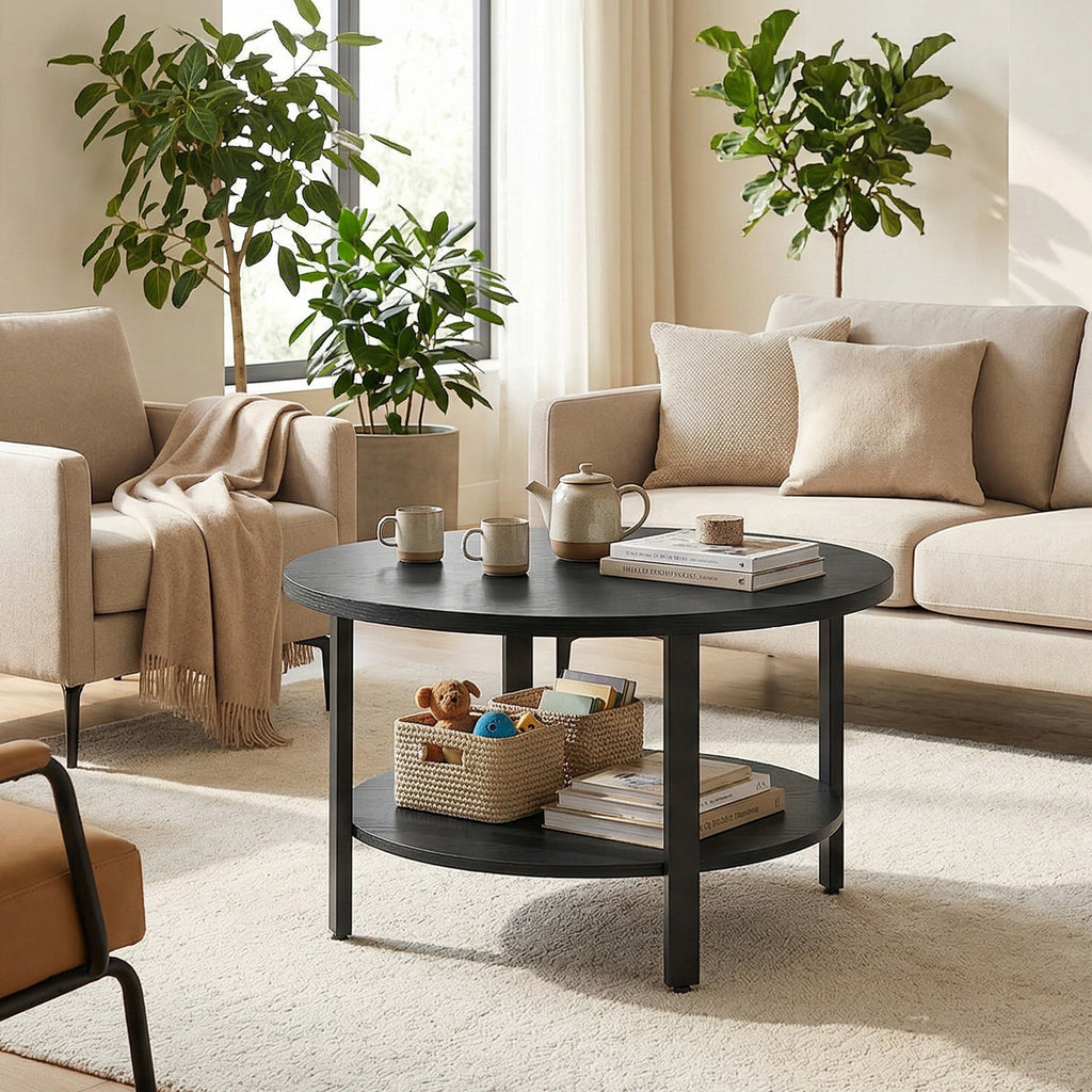 31.5in Round Coffee Table 2 Tier Center Table With Storage Easy Assembly For Living Room Home Office Black