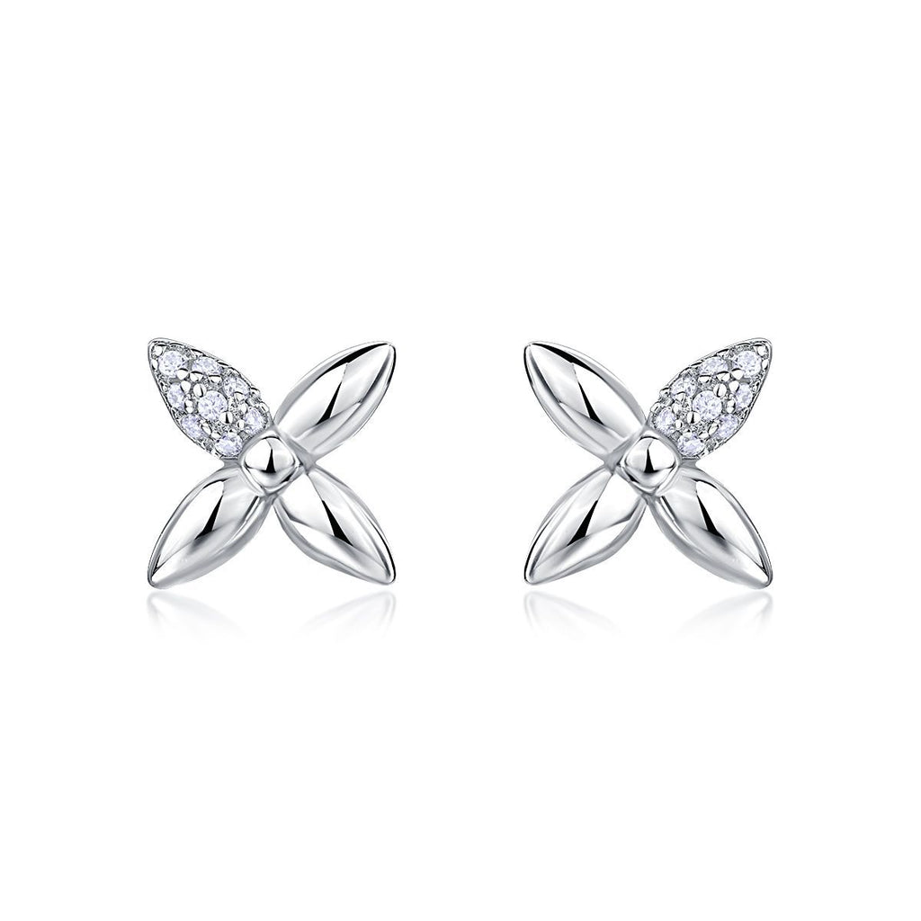S925 Sterling Silver Four Leaf Stud Earrings, D-VVS1 Moissanite Pave Petal, Platinum Plated 2.1g Elegant Women's Jewelry Gift Box