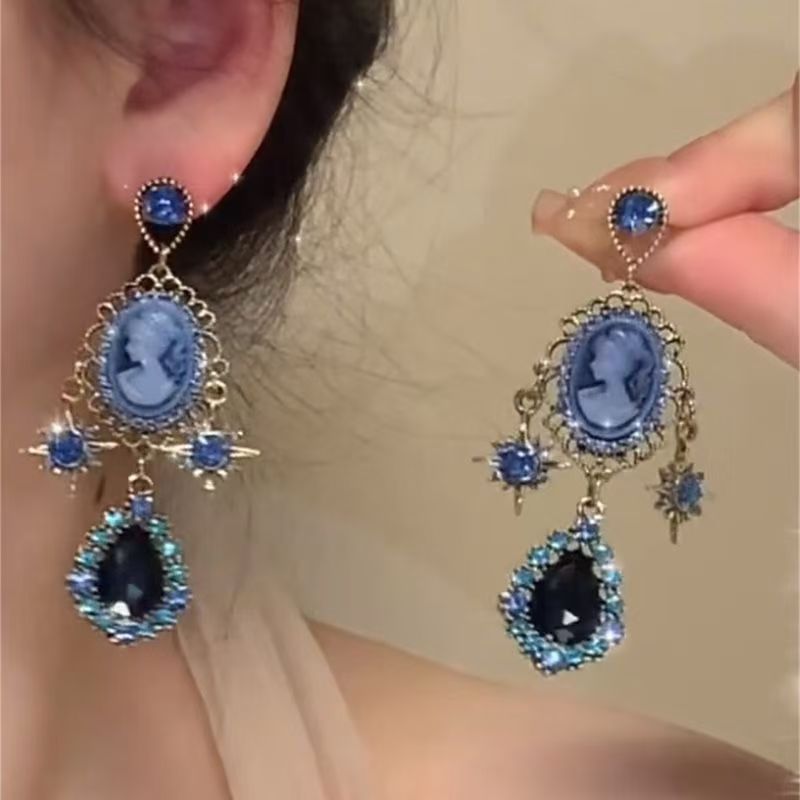 Vintage  Style Light Luxury Tassel Earrings, Exquisite Designer High-End Blue Elegant Jewelry For Noble Ladies