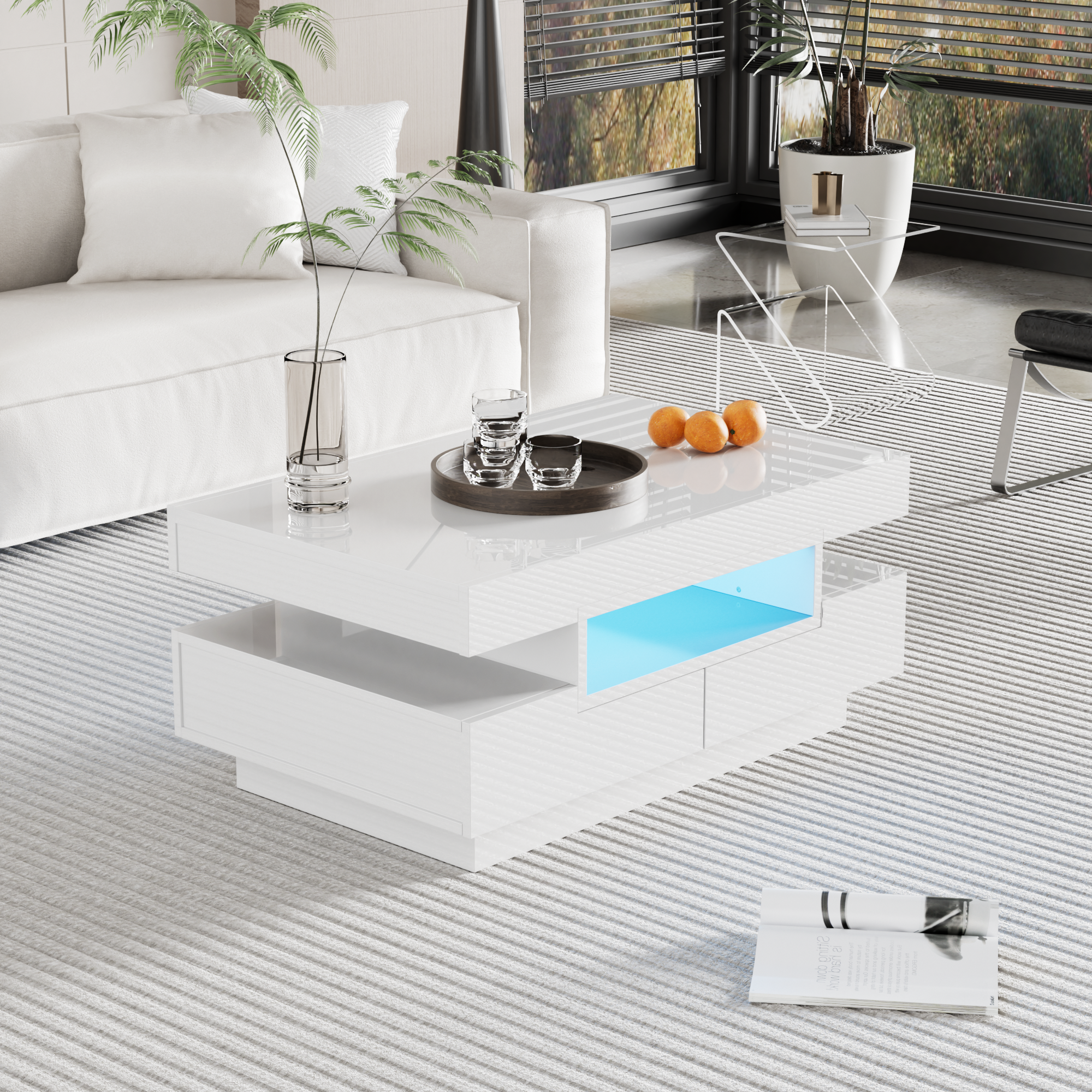 Coffee Table, High-gloss Surface, With LED Light Strip, Four Drawers At The Front And Back, Large Storage Space
