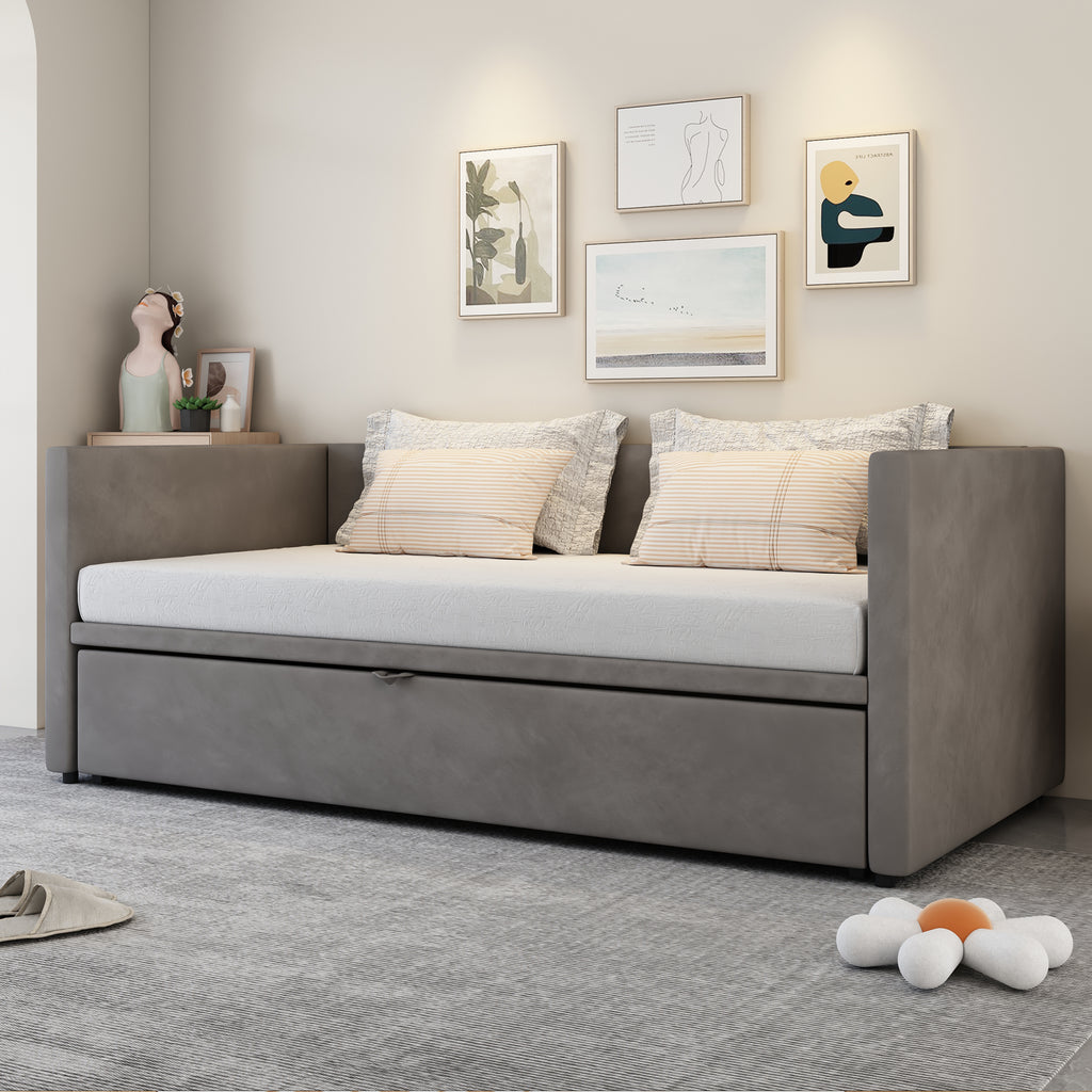 Upholstered Bed Pull-Out Sofa Bed 90 180x200 Cm With Slatted Frames, Multifunction Bed Made Of Skin-Friendly Velvet Fabric Gray