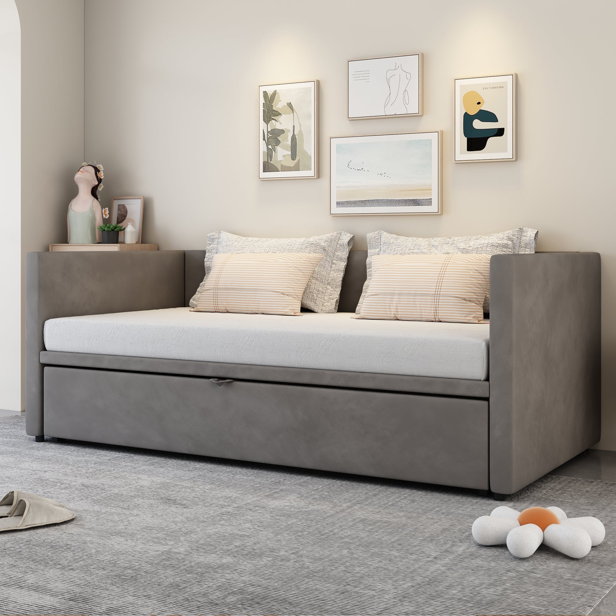Upholstered Bed Pull-Out Sofa Bed 90 180x200 Cm With Slatted Frames, Multifunction Bed Made Of Skin-Friendly Velvet Fabric Gray