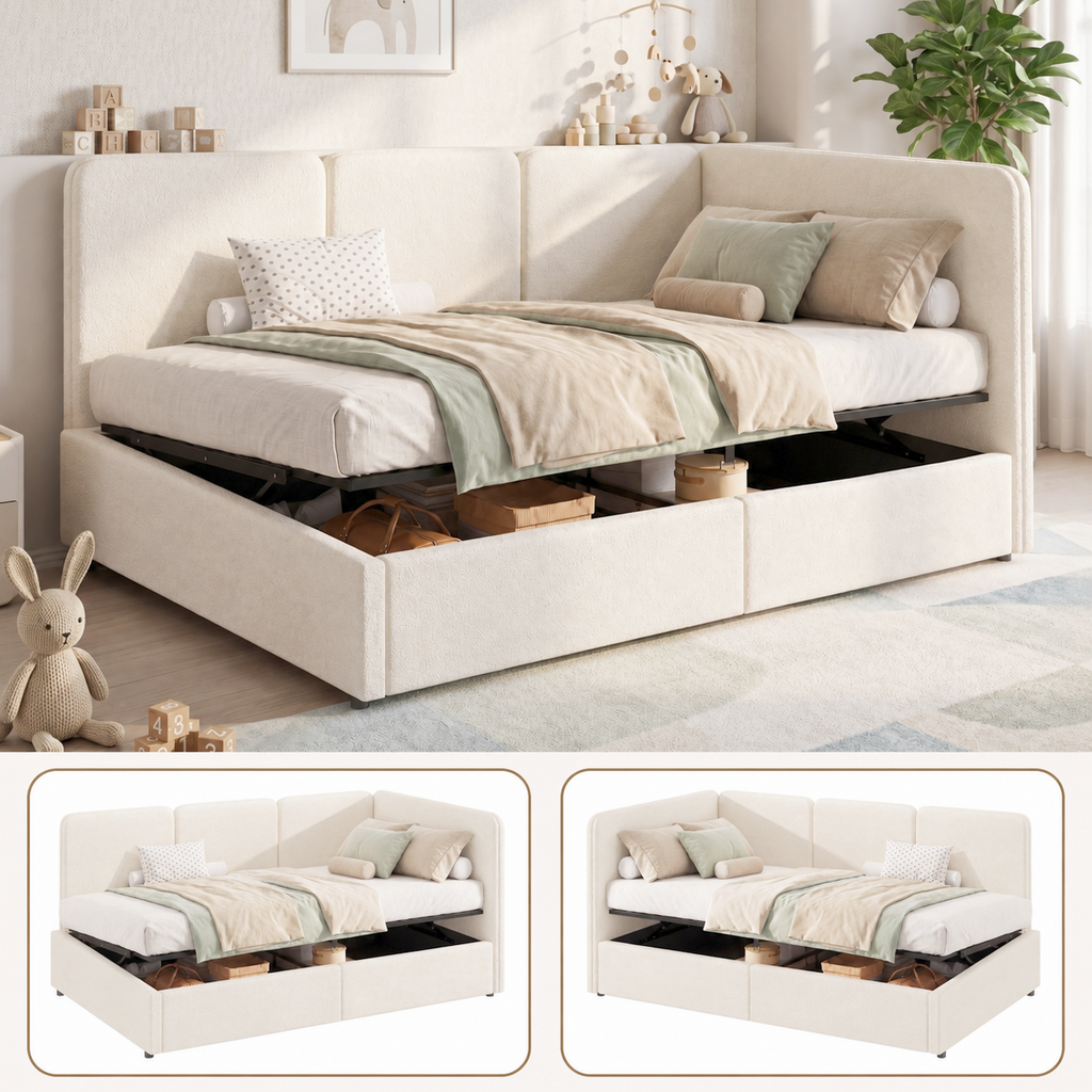 3FT Single Ottoman Daybed With Storage, 90 X 190 Cm Upholstered Daybed, Reversible Left Or Right Chaise Design, Hydraulic Lift Storage Bed Frame, Boucle, Beige