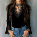 New Velvet Patchwork Deep-V Lace-trimmed Flared-sleeve Slim-fit Long Sleeves