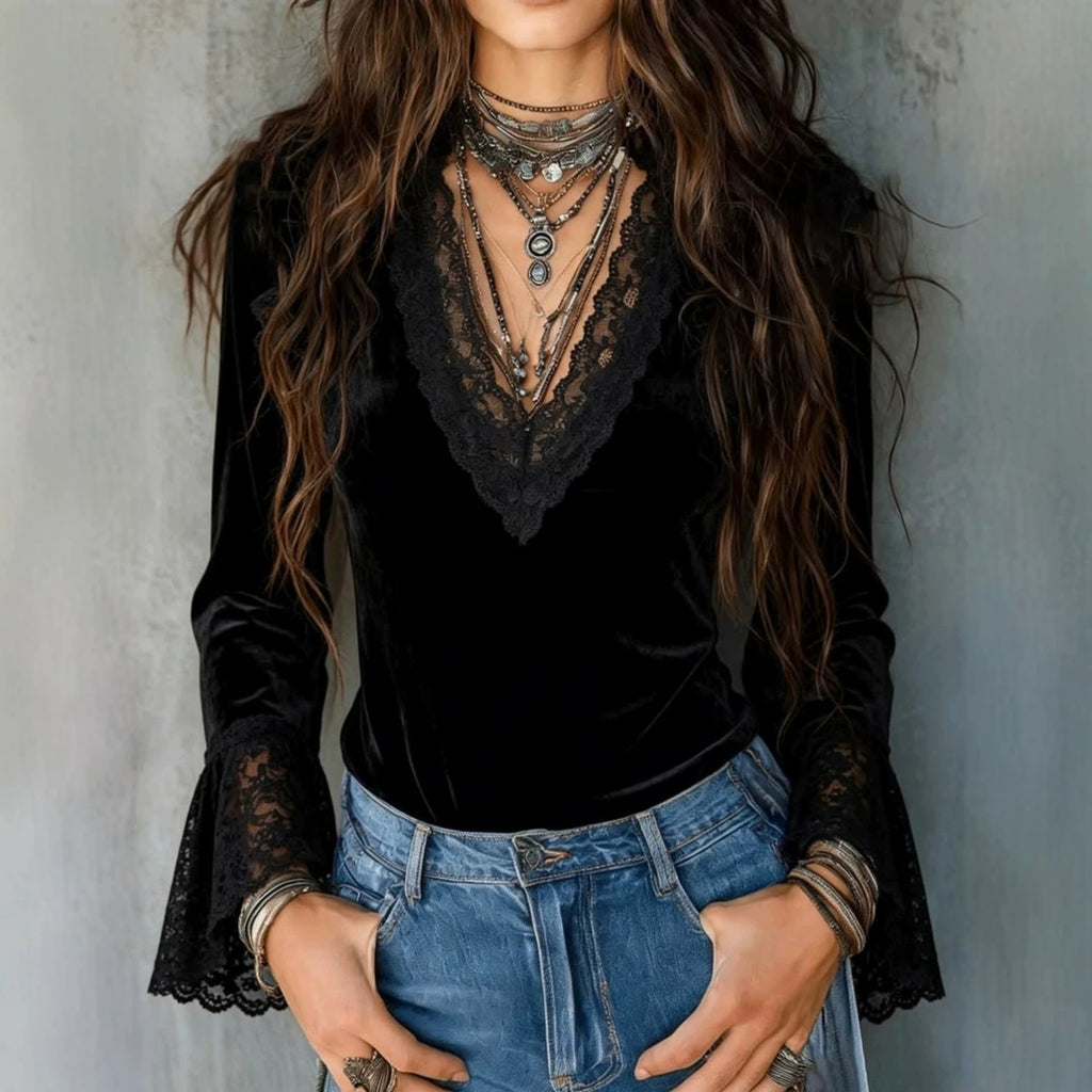New Velvet Patchwork Deep-V Lace-trimmed Flared-sleeve Slim-fit Long Sleeves