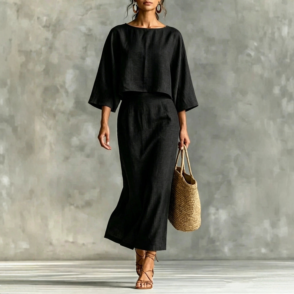 High Waisted Long Skirt Set With A Round Neck Three Quarter Sleeved Loose Fitting Womens Top