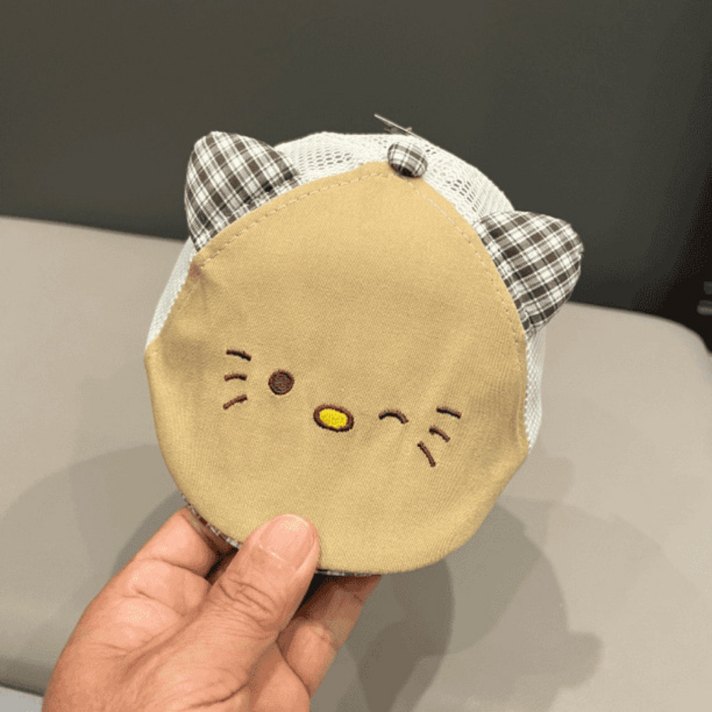 Children's Net Fabric Stitched Three-dimensional Cat Ears Cat Expression Embroidery Front Hat - Cute And Playful Style Baby Sun Hat