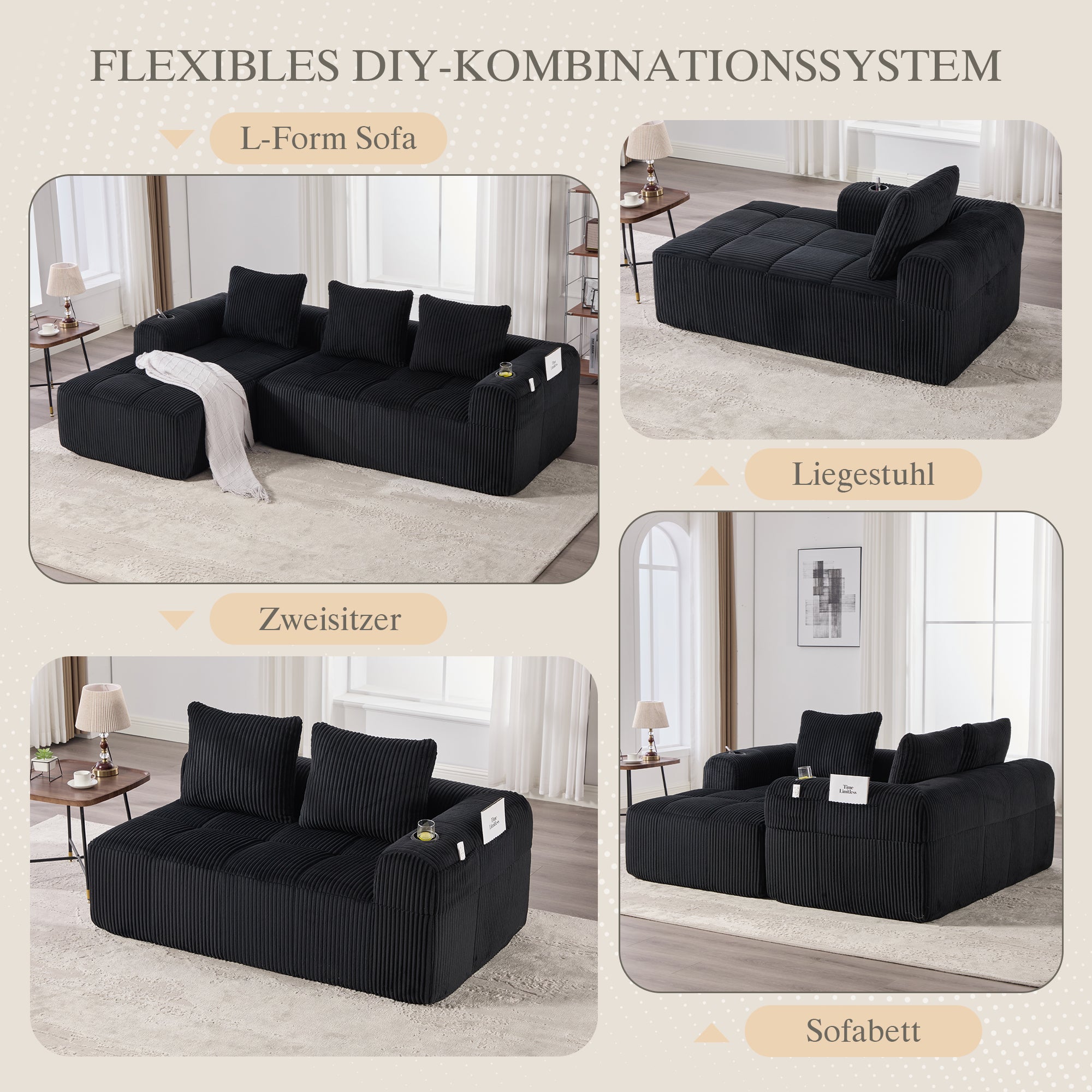 Compact Sofa Made Of Corduroy  Soft, Modular & Suitable For Everyday Use With Side Pocket And Cup Holder. High-quality Comfort For Long Periods Of Sitting, Incl. 3 Cushions. Ideal For Living Rooms, S