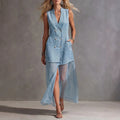 Denim-style Patchwork Tulle V-neck Sleeveless Dress