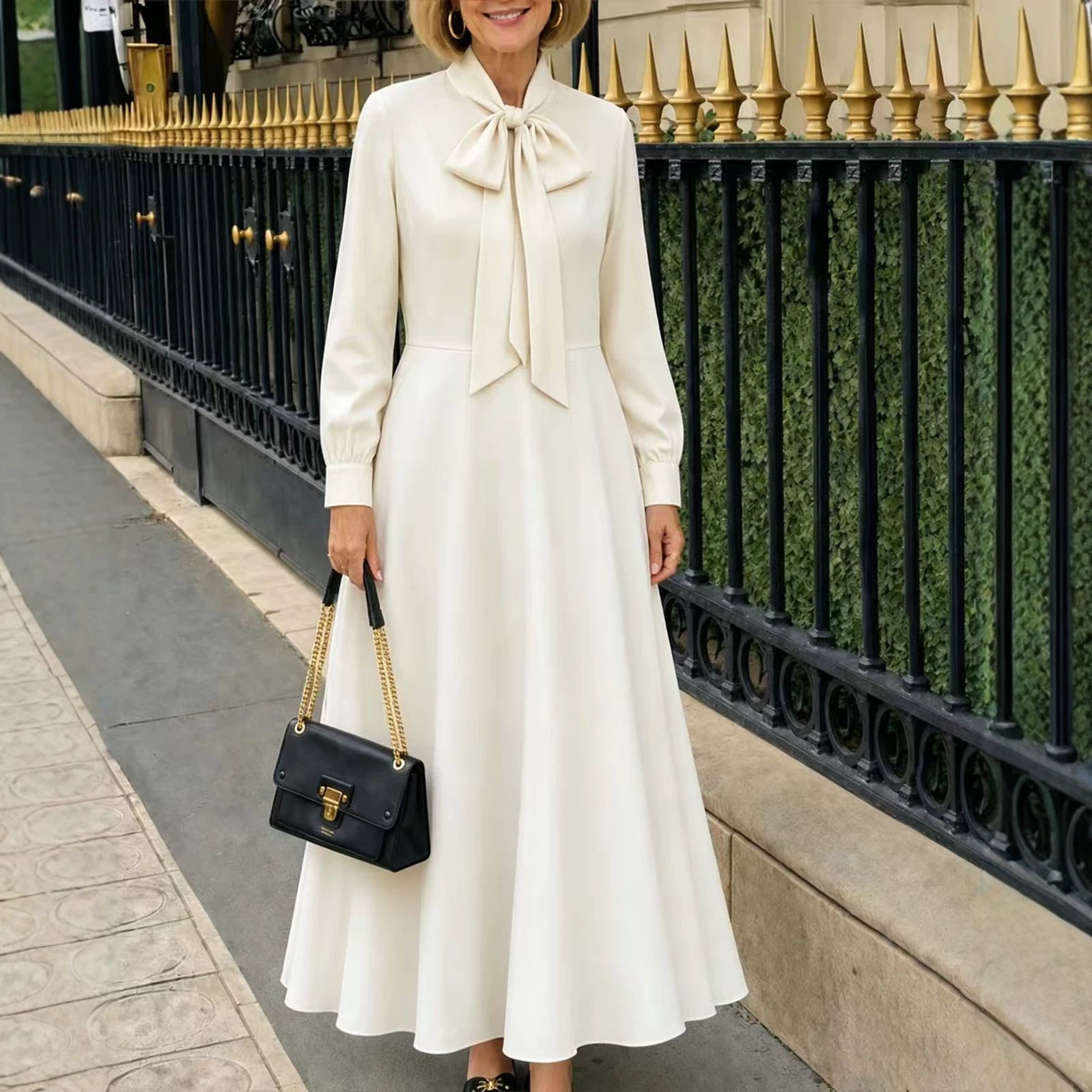 Springautumn Long-sleeve Puff-sleeve Dress With Bow Details At The Hem