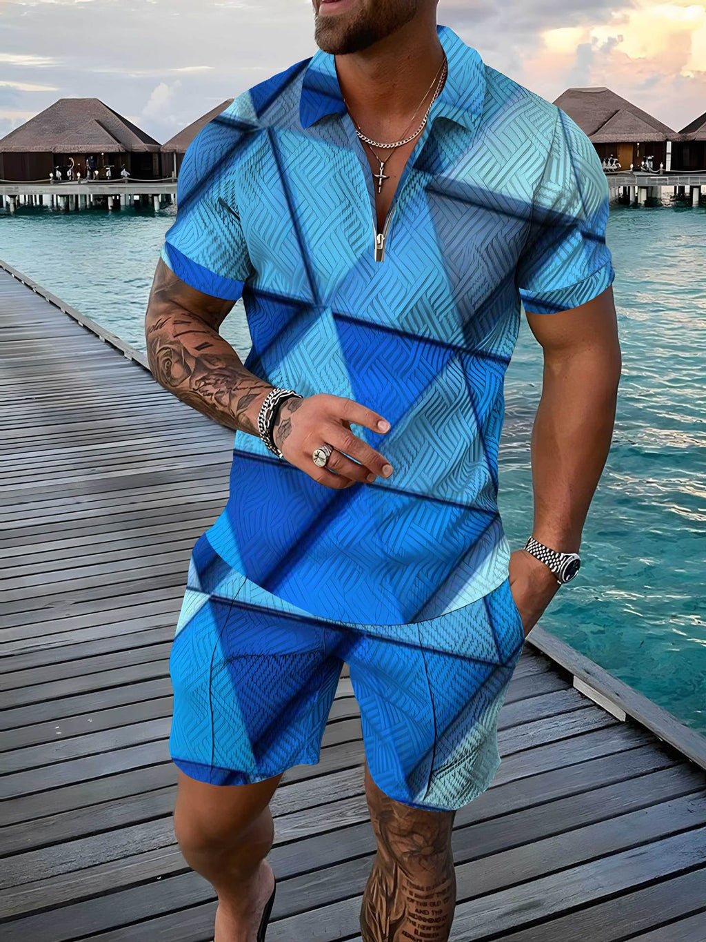 Men's Polo Shirt Summer Fashion 3D Printed Short Sleeve Geometric Zip Lapel