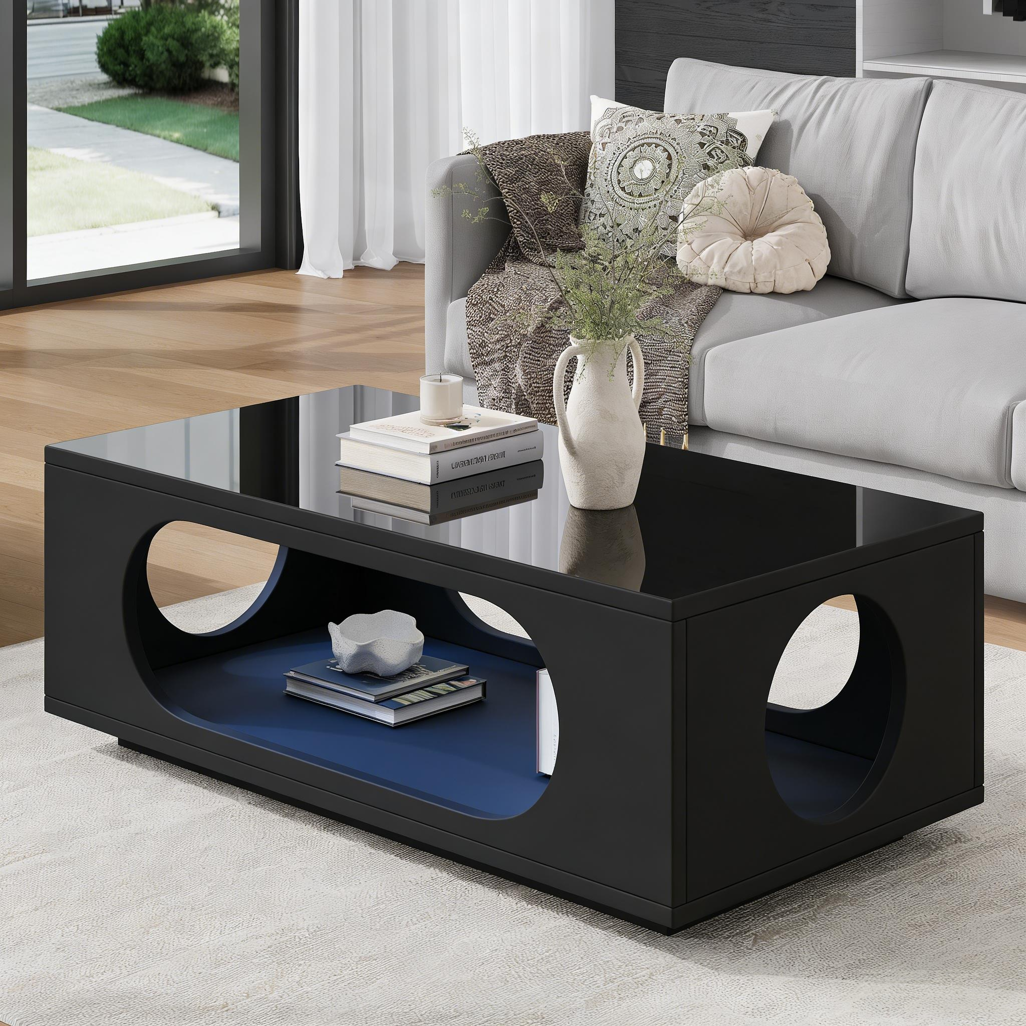 Coffee Table With LED Lighting  App Control , 100x50x35cm, MDF Material, 30kg Load Capacity,High Gloss Openwork Coffee Table,Large Storage Side Table,Sofa Table,Black