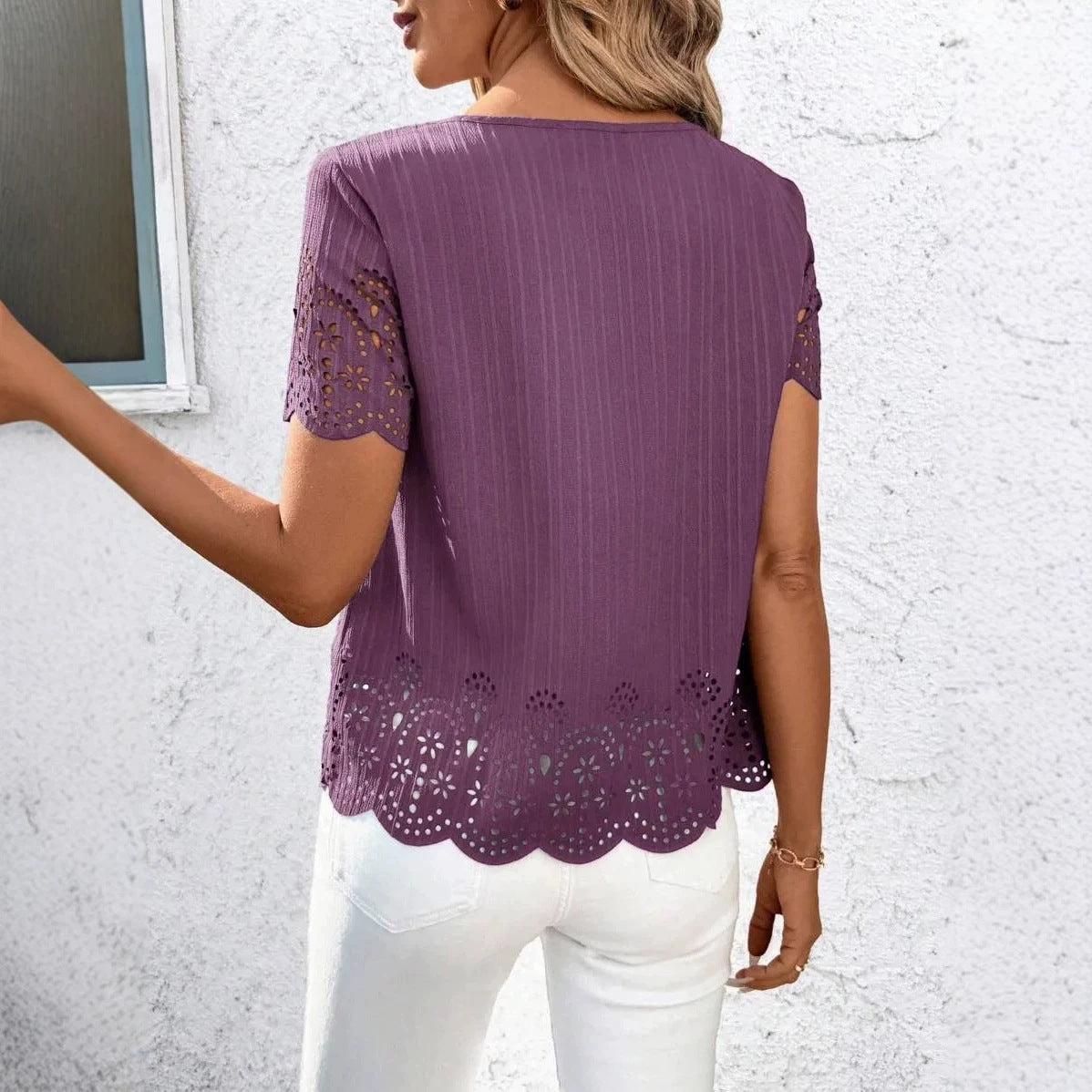 European And American Plus Size Womens Round Neck Hollow Out Short Sleeve Top With Burned Out Floral Design