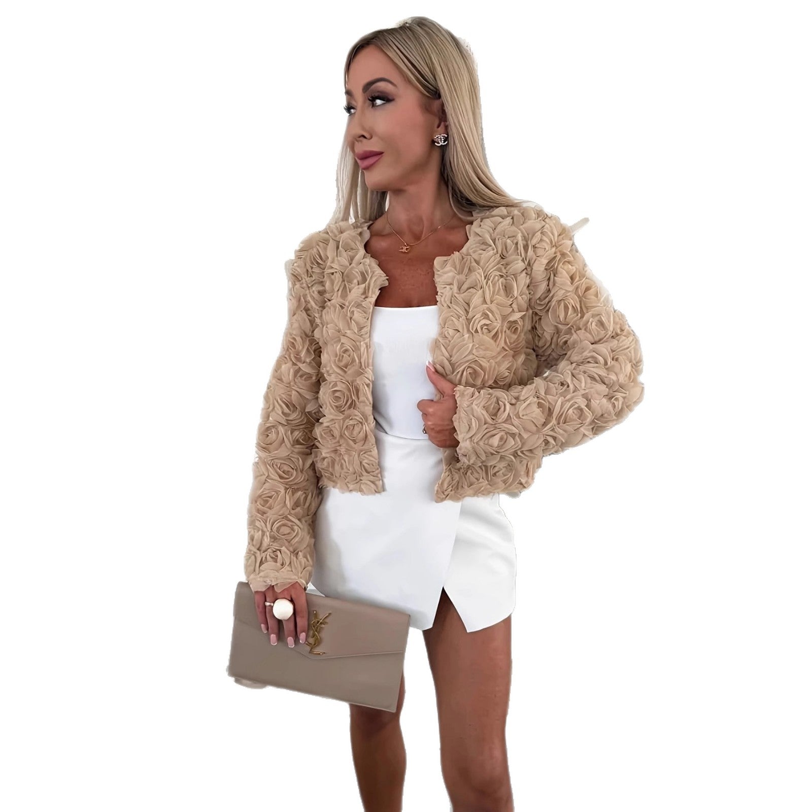 Womens Fashion Solid-color Long-sleeve Cropped Jacket Coat