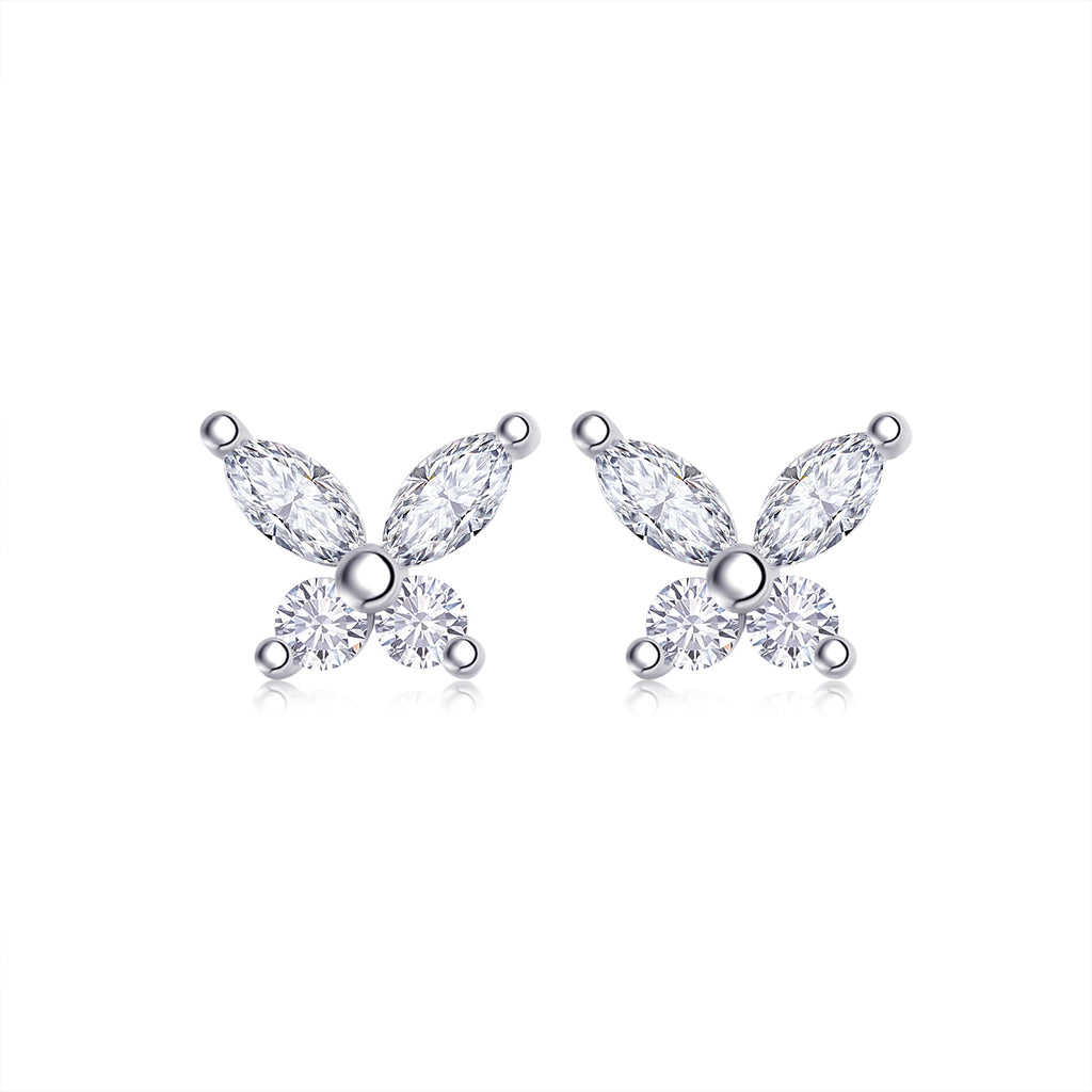 S925 Sterling Silver Butterfly Stud Earrings, D-VVS1 Moissanite Marquise & Round Cut, Platinum Plated 1.6g Women's Jewelry Gift Box