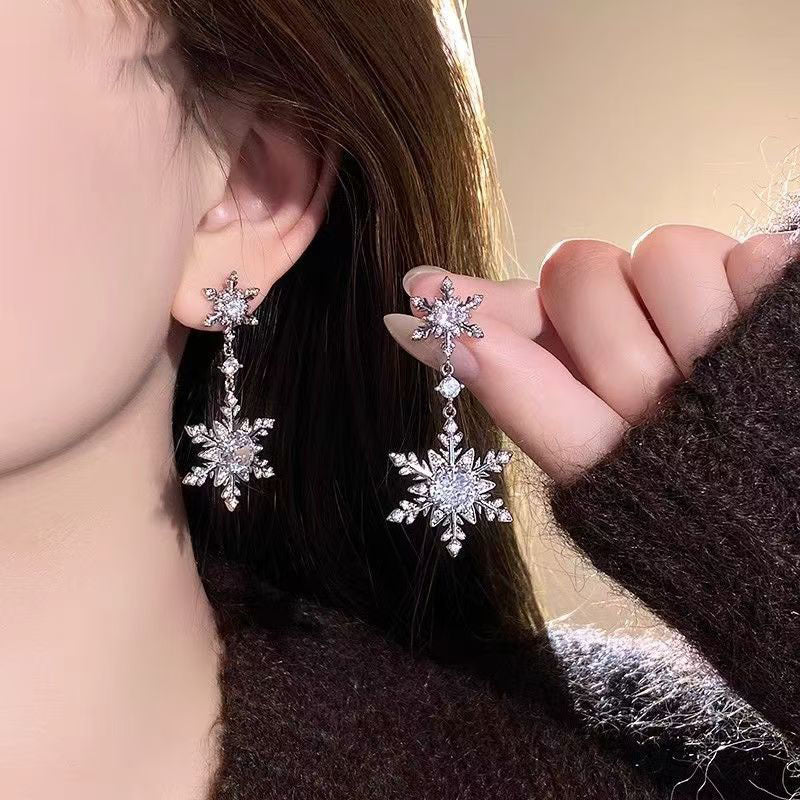 2026 New Bestseller Full Paved Rhinestone Double Snowflake Tassel Drop Earrings, Elegant Exquisite Luxury Women's Stud Ear Jewelry