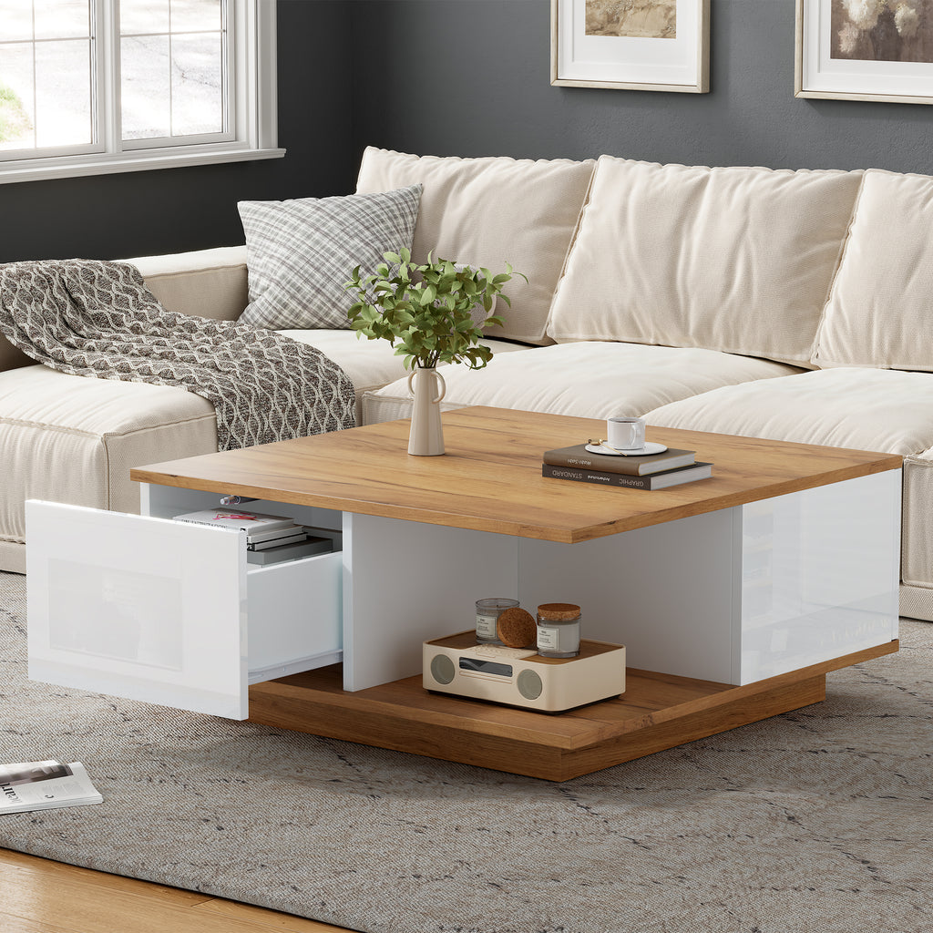 70 X 70 X 31.5cm Coffee Table With 3 Drawers, Geometric Coffee Table, High Gloss Living Room Table, Sofa Table, Side Table, Suitable For Small Rooms, White - Original Wood Color