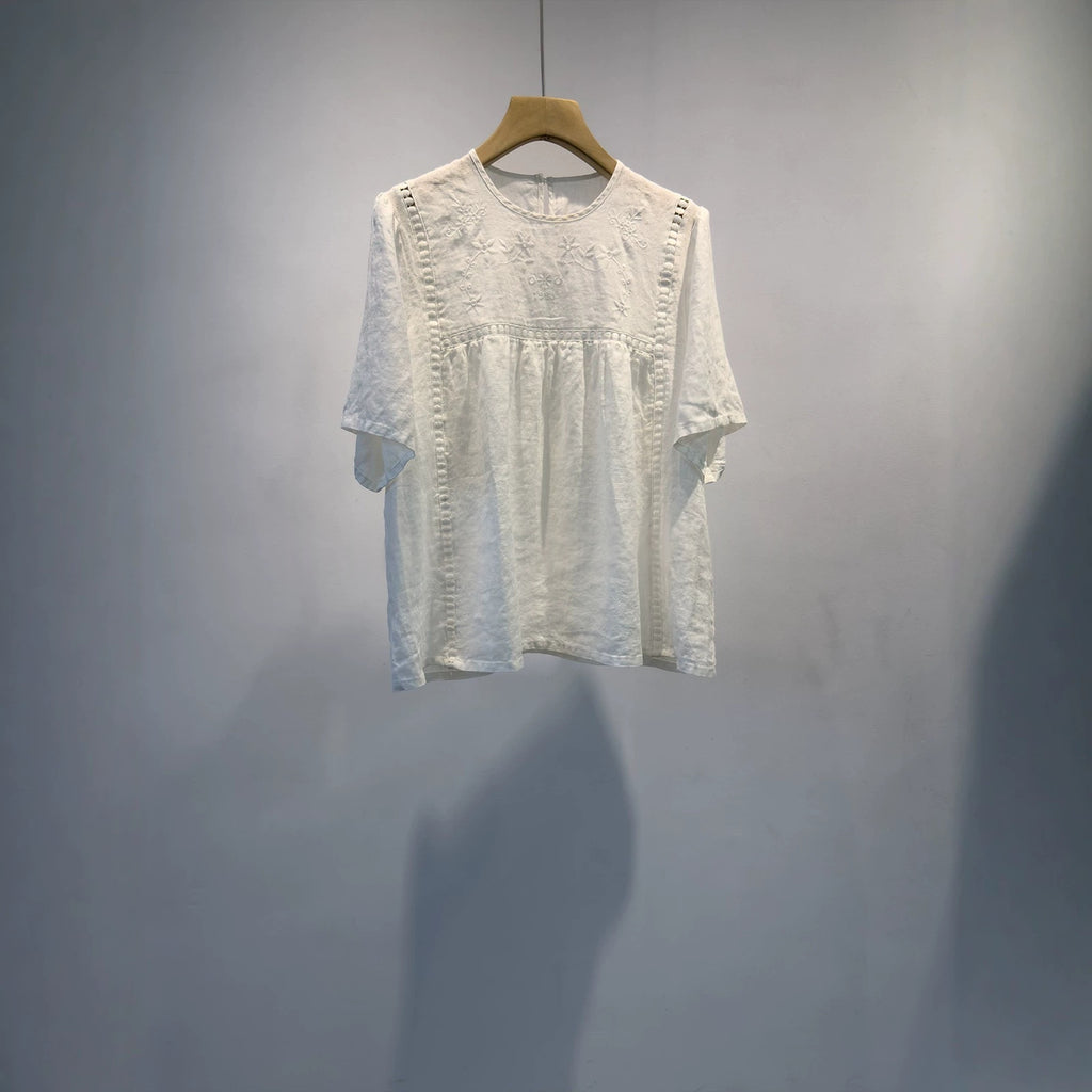 Embroidered Hollow-Out Linen Shirt For Women