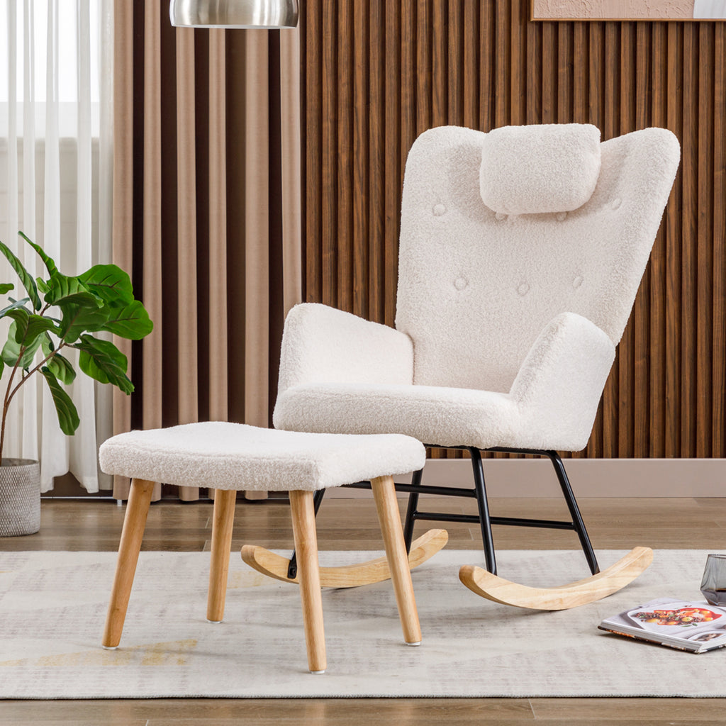 Comfortable White Rocking Chair, Soft Teddy Plush Rocking Chair With Neck Cushion And Footrest - Load Capacity Up To 100 Kg