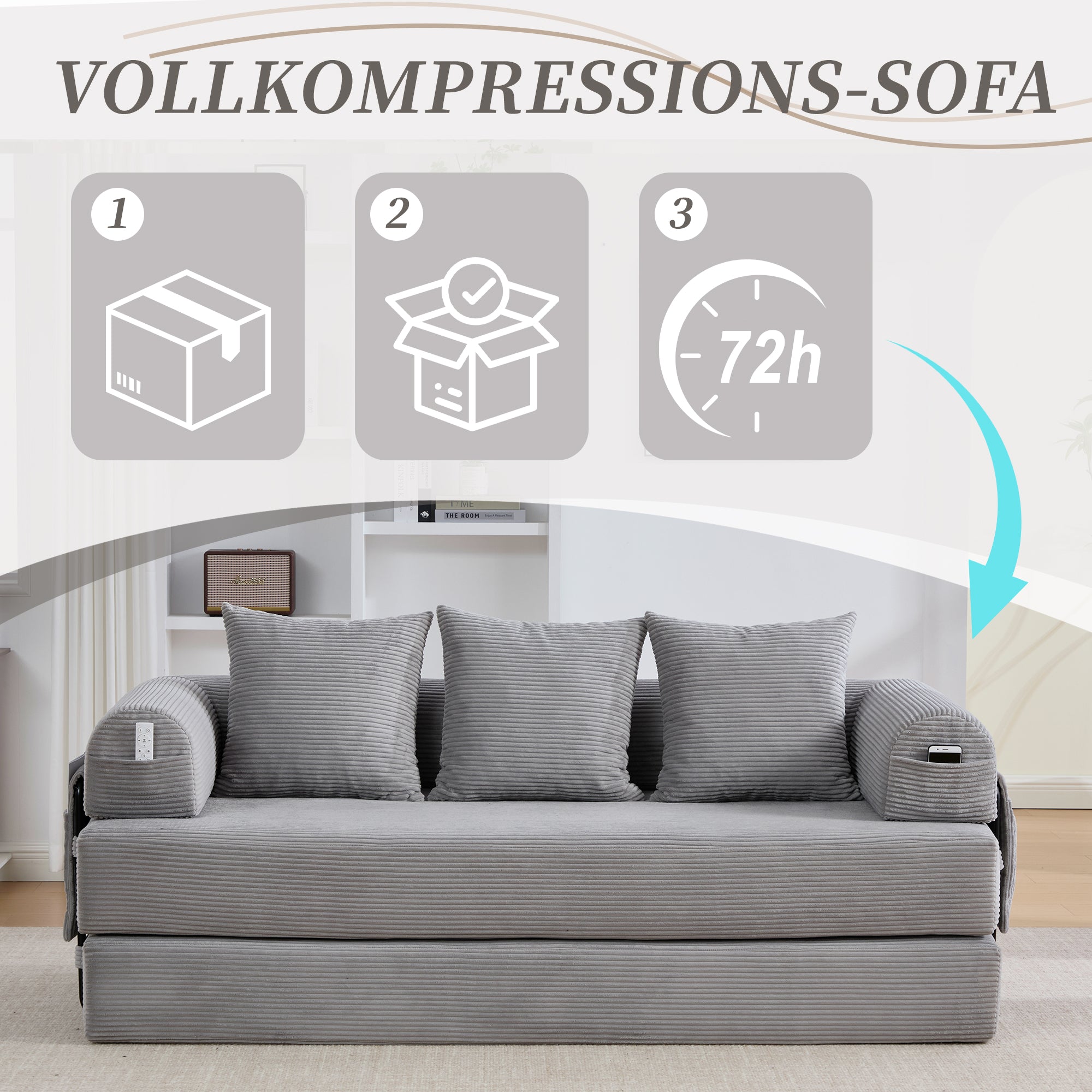 Folding Compression Sofa With Robust Metal Frame, Side Pockets Plus 3 Pillows. Individual Lounge Landscapes Freely Configurable. Modern Metal Fabric Combi - Ideal For Living Room. Light Grey