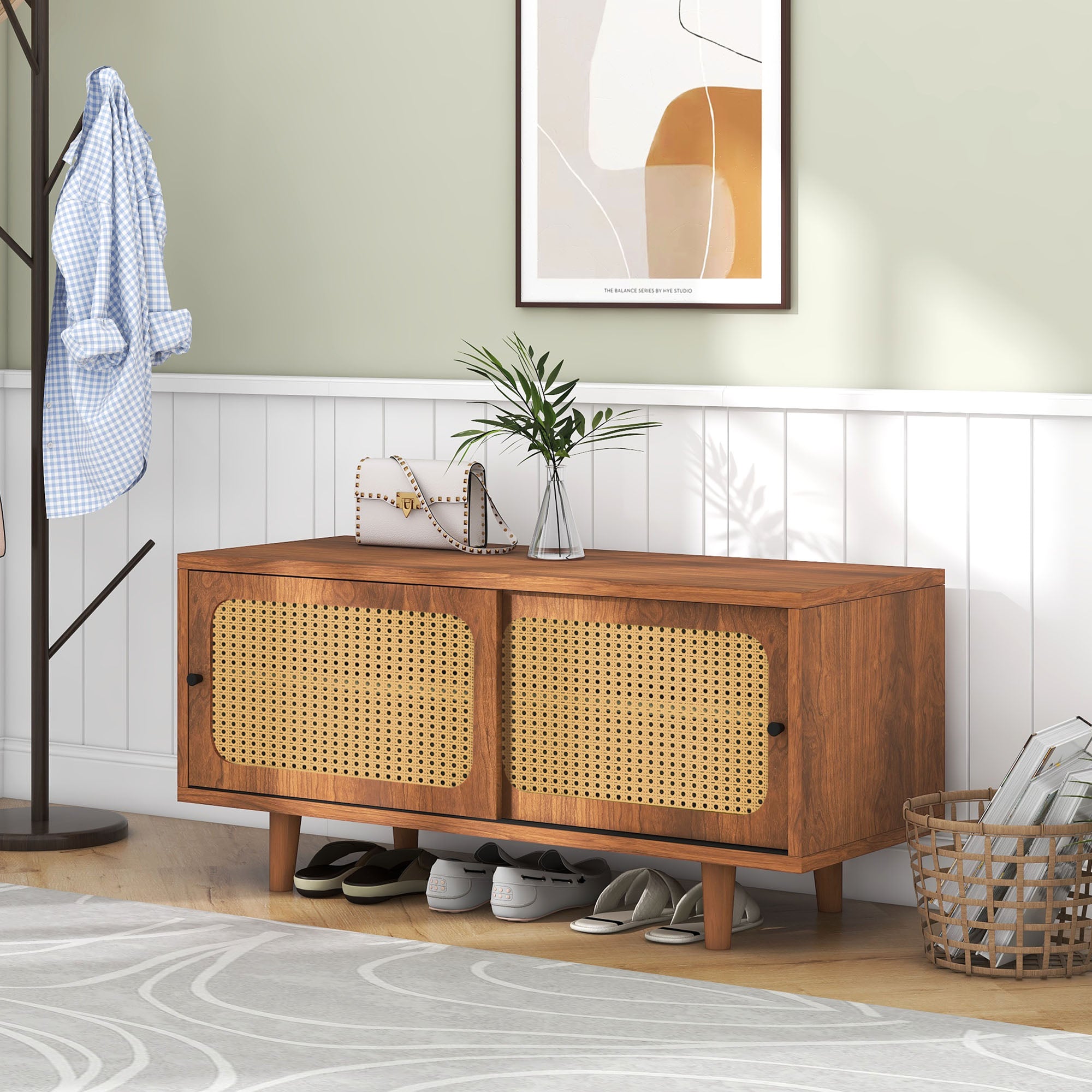 Rattan Shoe Cabinet With 2 Doors With Adjustable Shelf Walnut Color Shapely Shoe Cabinet For Hallway, Living Room And Bedroom, 104x40x48 C