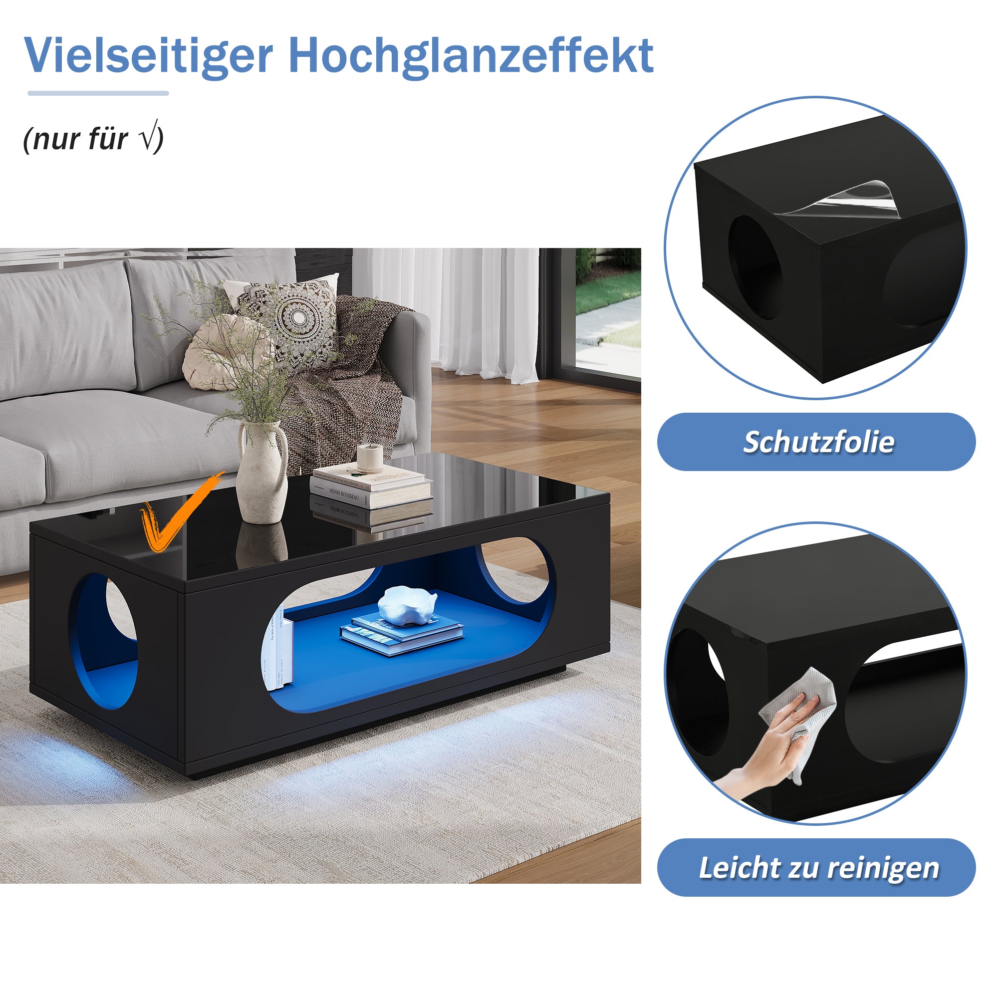 Coffee Table With LED Lighting  App Control , 100x50x35cm, MDF Material, 30kg Load Capacity,High Gloss Openwork Coffee Table,Large Storage Side Table,Sofa Table,Black