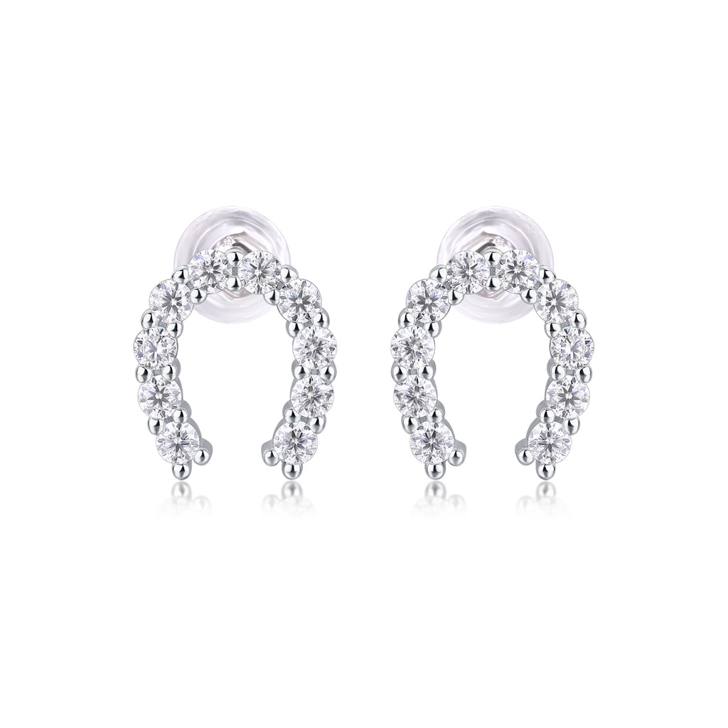 S925 Sterling Silver U-Shaped Hoop Stud Earrings, 20 D-VVS1 Moissanite Pave, Platinum Plated 1.6g Lightweight With Silicone Backs, Gift Box