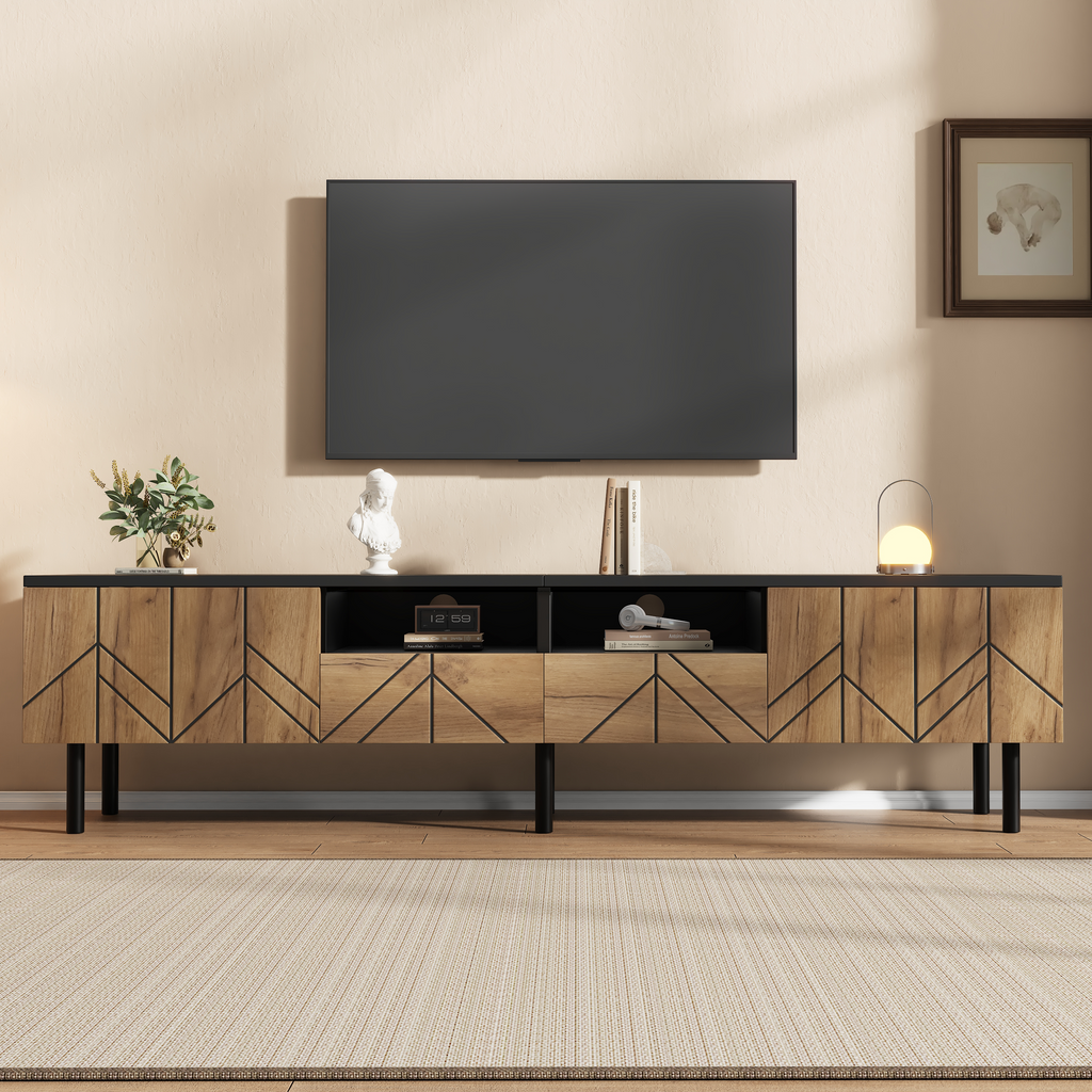 TV Cabinet 180x40x45 Cm With Drawers & Doors, Modern Lowboard Made Of Chipboard, TV Stand For Living Room, Load Capacity Up To 75kg, Black-wood Look