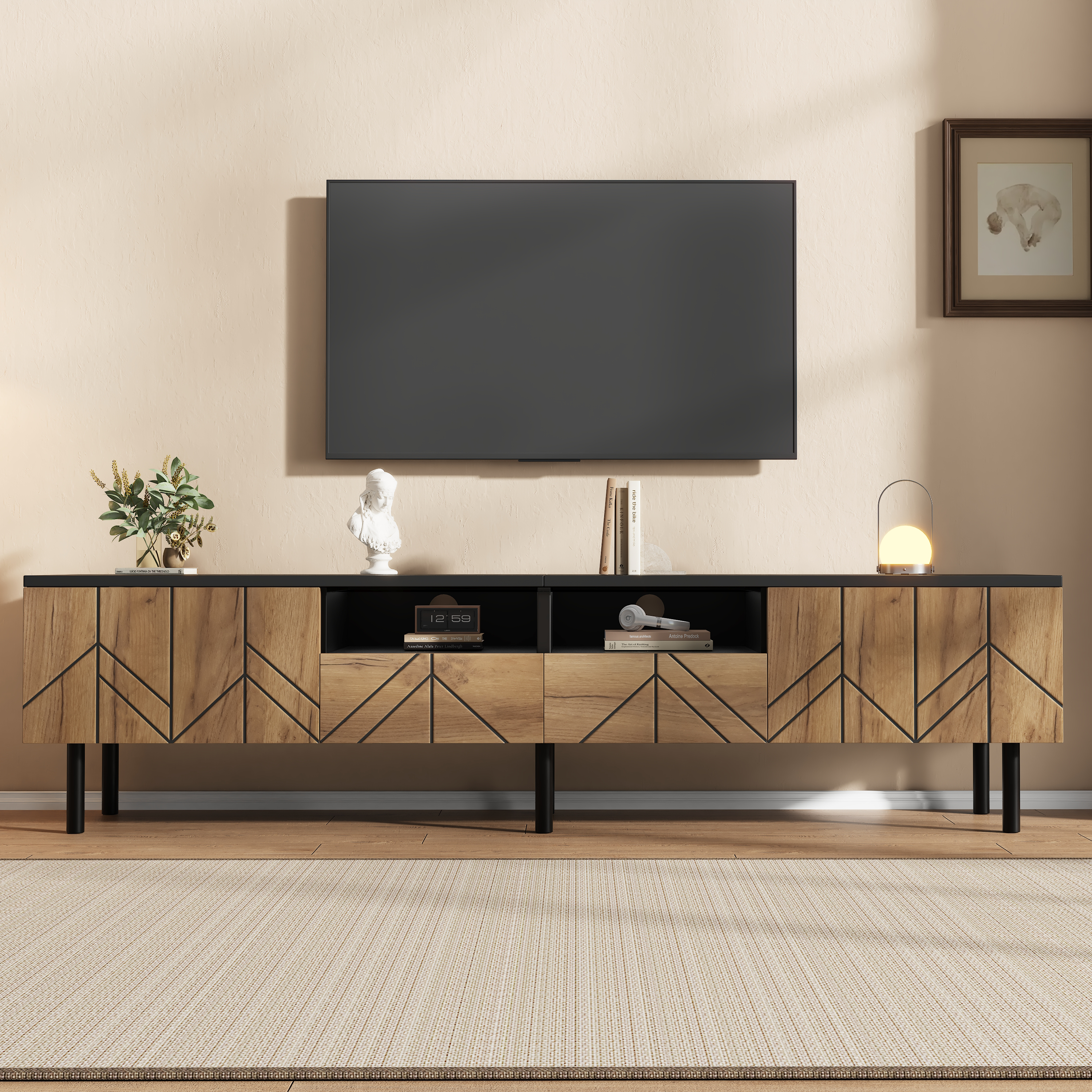 TV Cabinet 180x40x45 Cm With Drawers & Doors, Modern Lowboard Made Of Chipboard, TV Stand For Living Room, Load Capacity Up To 75kg, Black-wood Look