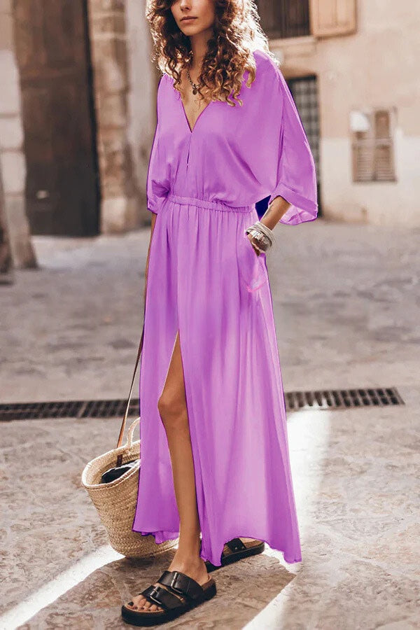Solid-color Mid-length Wrap Dress With A High Slit And A Defined Waist