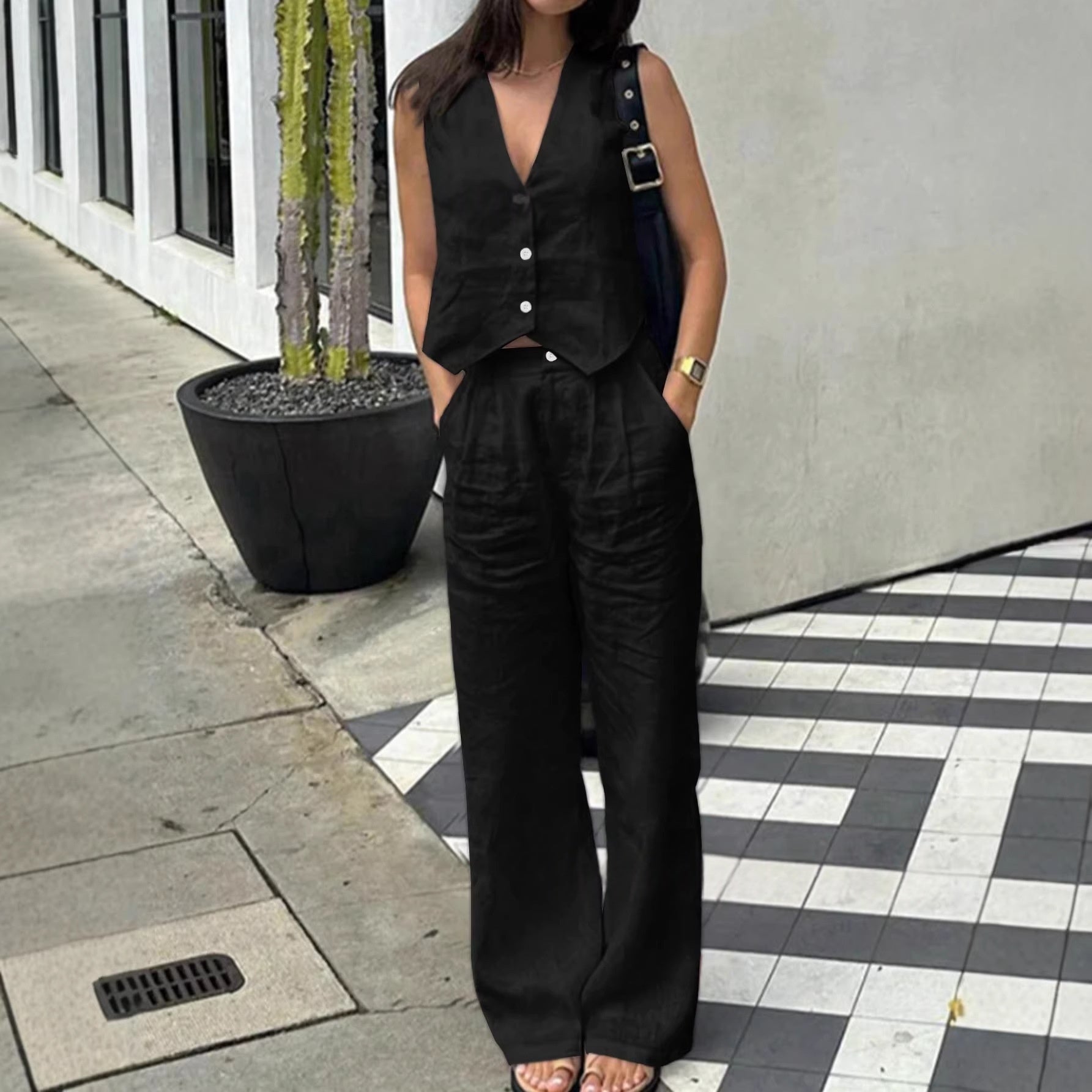 Fabric V-neck Vest High-waisted Wide-leg Pants Casual Two-piece Set