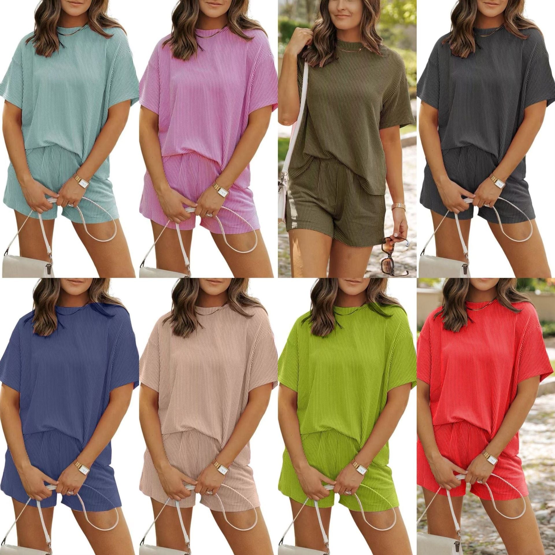 Summer Casual Chic Striped New Round-neck Womens Outfit Set