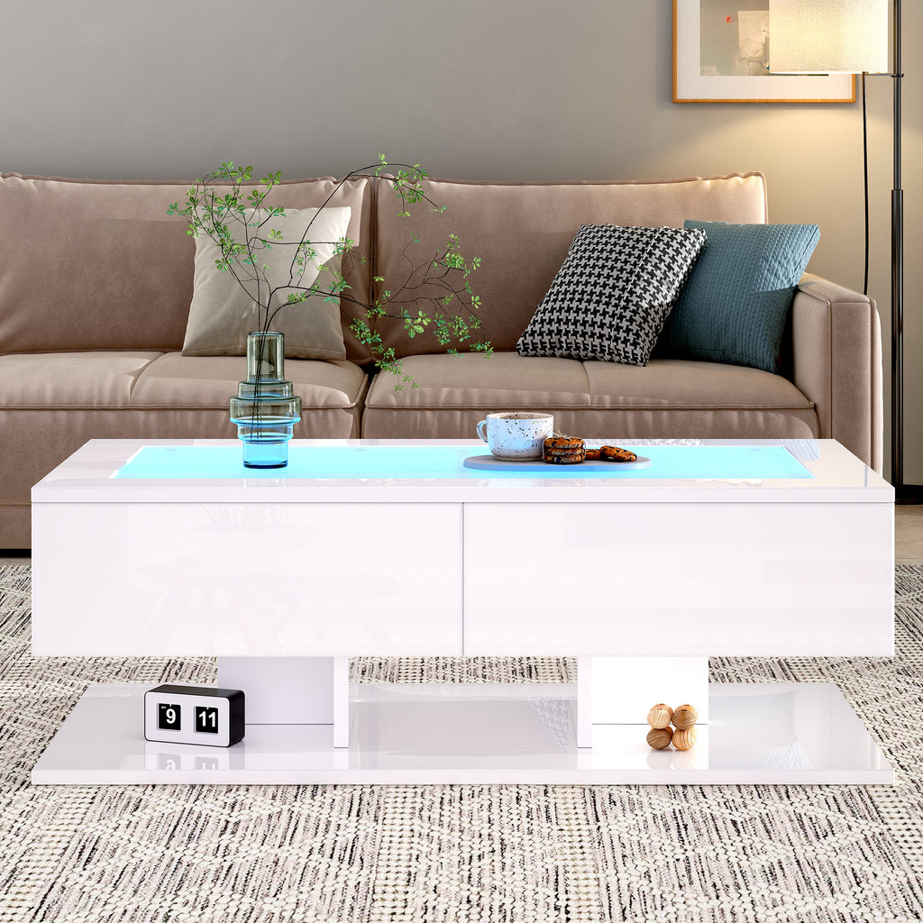 Coffee Table, High-gloss Sofa Table, Living Room Table With Drawers, Coffee Table With LED Light, Glass Top, White