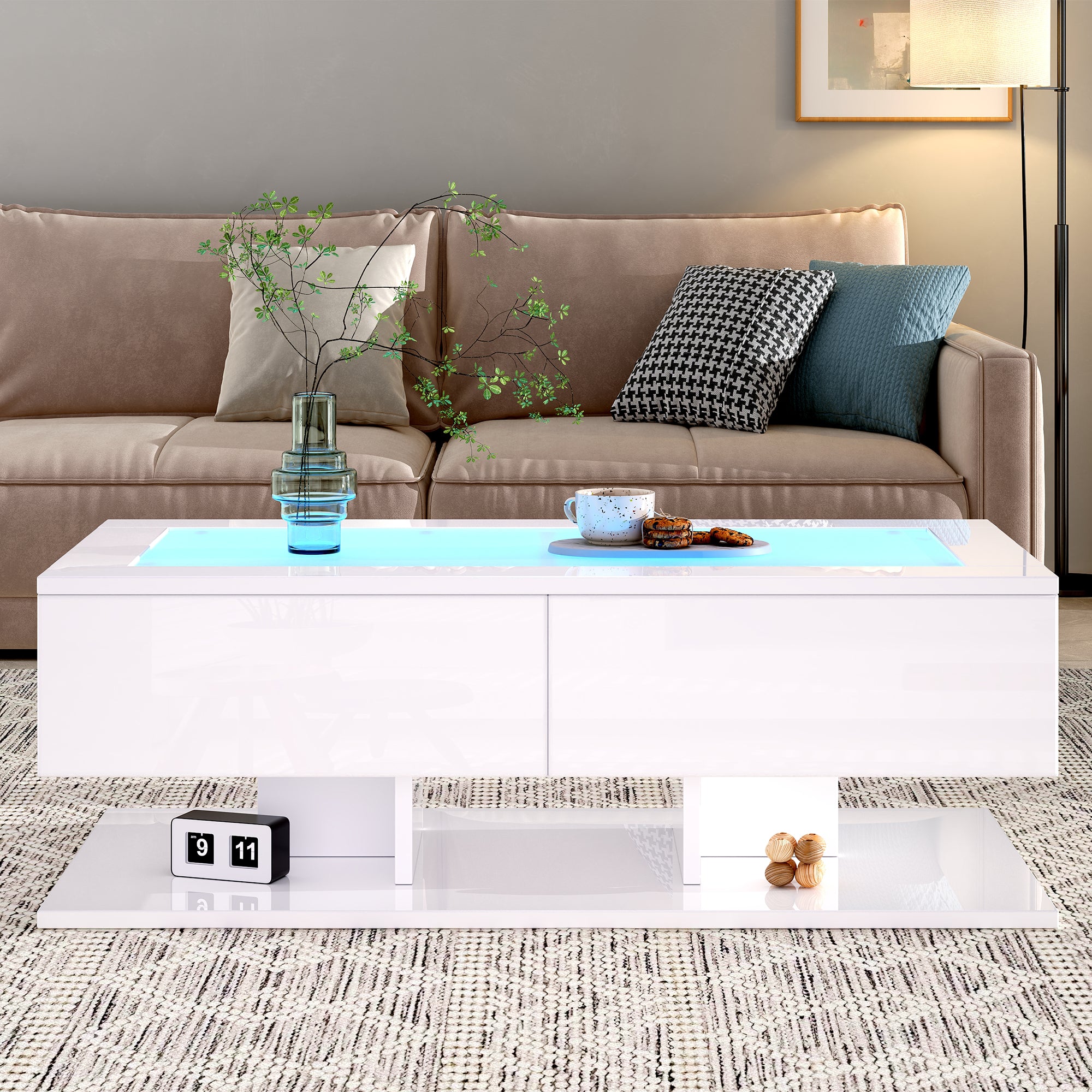 Coffee Table, High-gloss Sofa Table, Living Room Table With Drawers, Coffee Table With LED Light, Glass Top, White