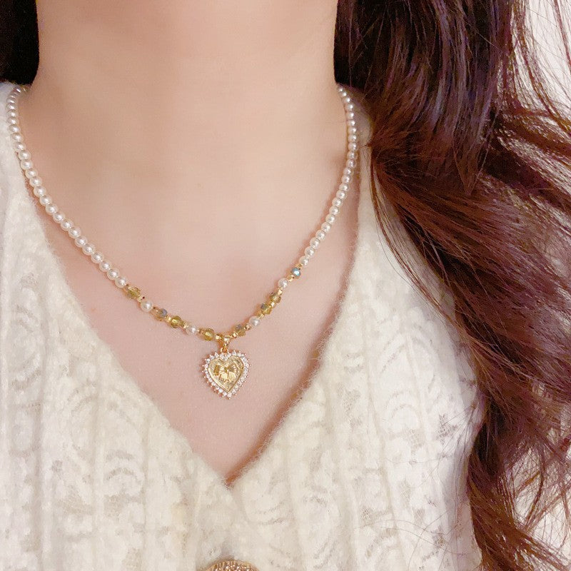 French-style Light-Luxury Zircon Metal Heart Pearl Necklace