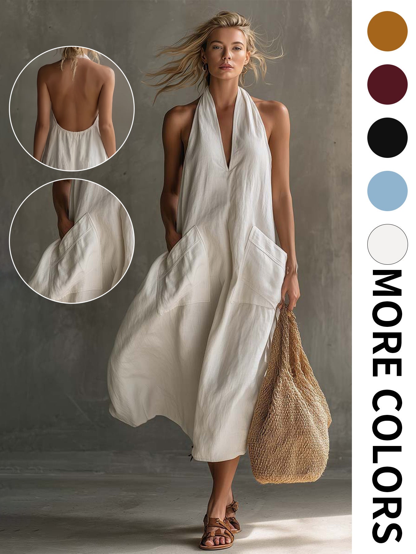 Summer Halter V-Neck Backless Maxi Dress With Large Pockets - Cotton Linen Loose Vacation Dress, Multiple Colors Available For Women