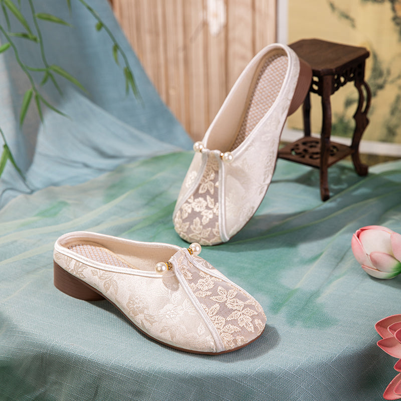 Embroidered Mesh Mule Slippers - Pearl Tassel Summer Breathable Cloth Shoes, Elegant Low-Heel Women S Shoes