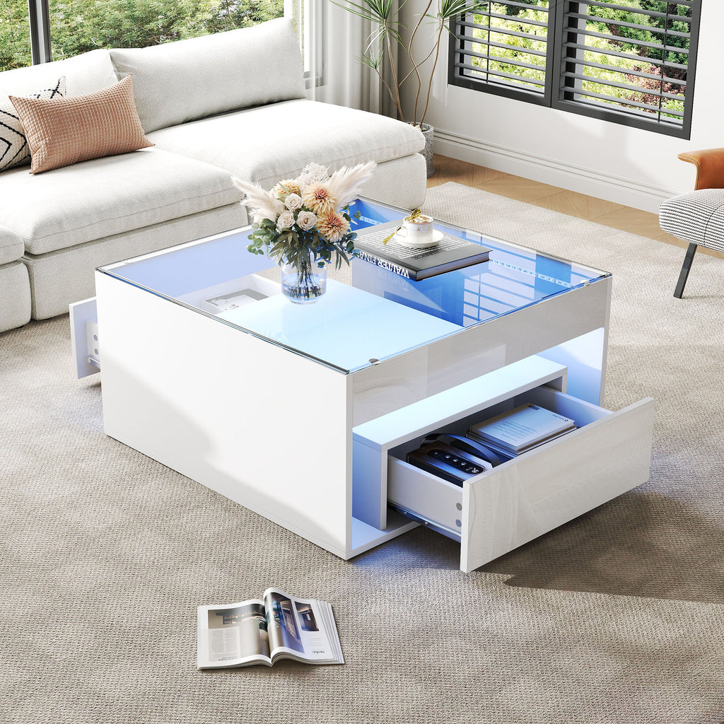 70 X 70 X 35 Cm Coffee Table,Side Table With 2 Drawer, Sofa Table, High Gloss Coffee Table,Living Room Table With Openwork Design,Desk And Dining Table In Tempered Glass With LED,White